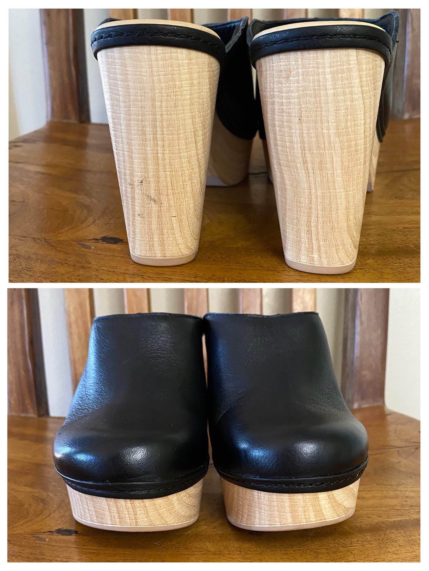 Chinese Laundry Black Leather Platform Clogs with Natural Wood Accents Size 7.5