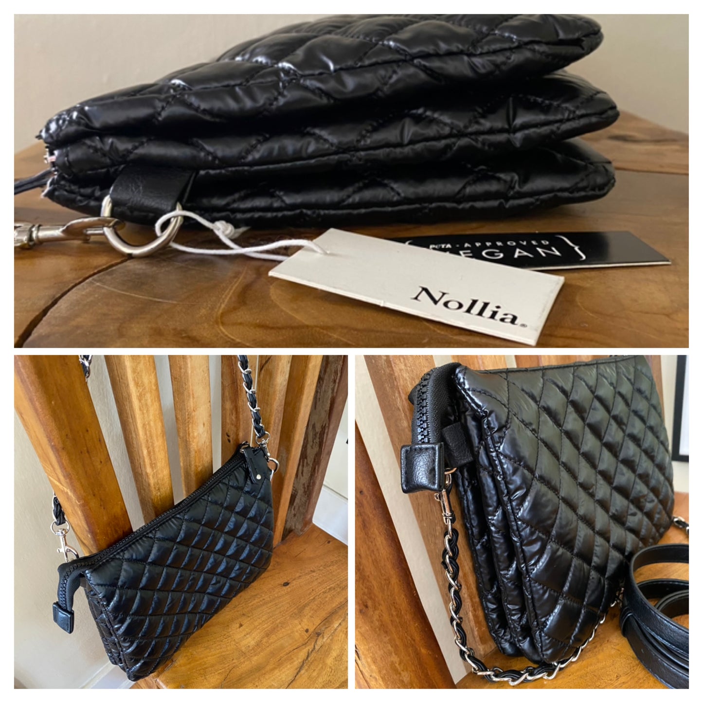 Nylon Quilt Puffer Crossbody Black Bag with Chain