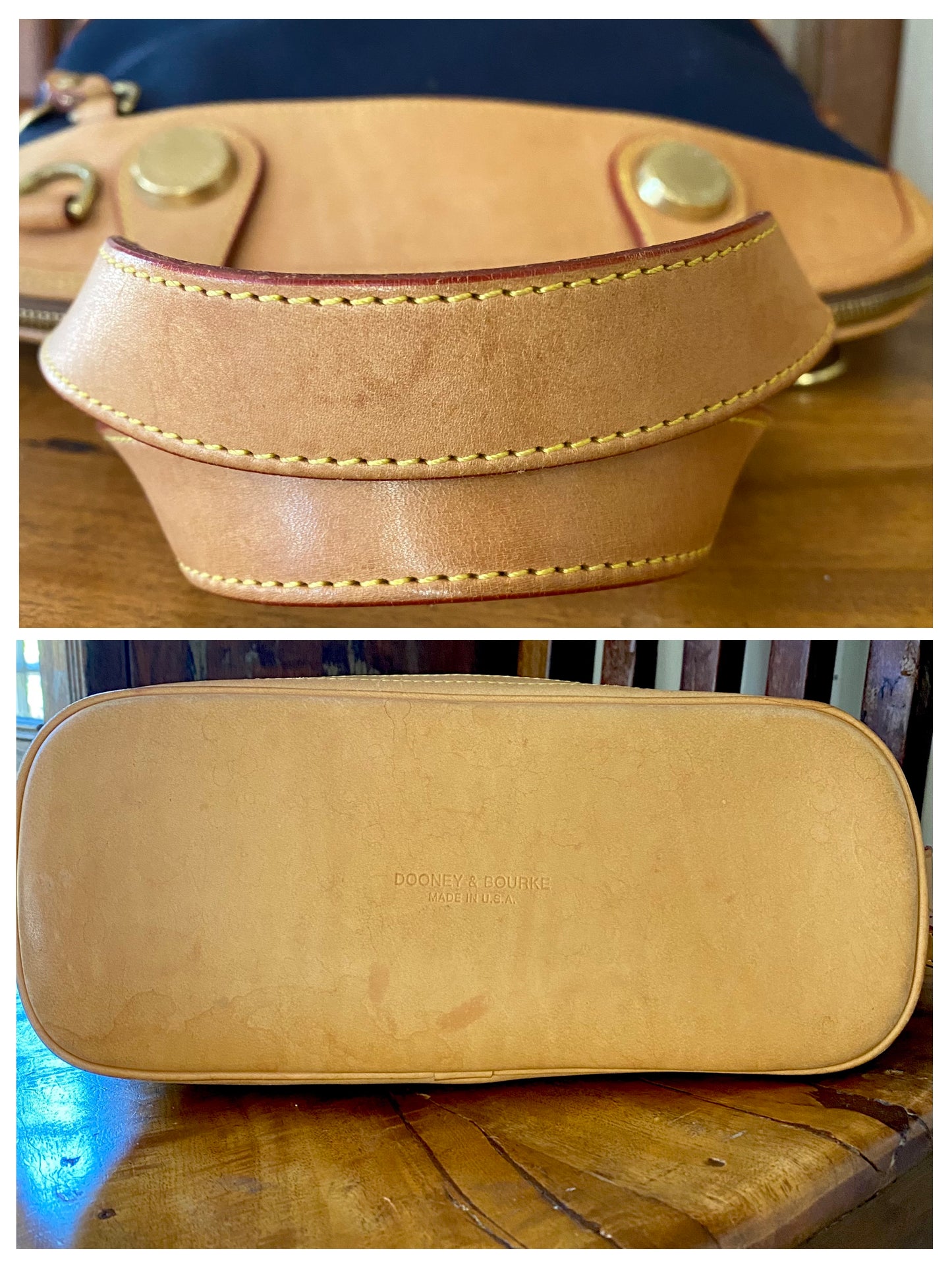 Vintage Dooney & Bourke | Cabriolet Domed Satchel Crossbody Bag | Navy Cloth & Natural Vachetta Leather
