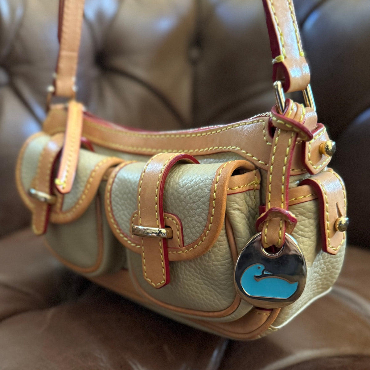 Dooney & Bourke Pebble Grain Banana Shoulder Bag Taupe British Tan Duck Charm