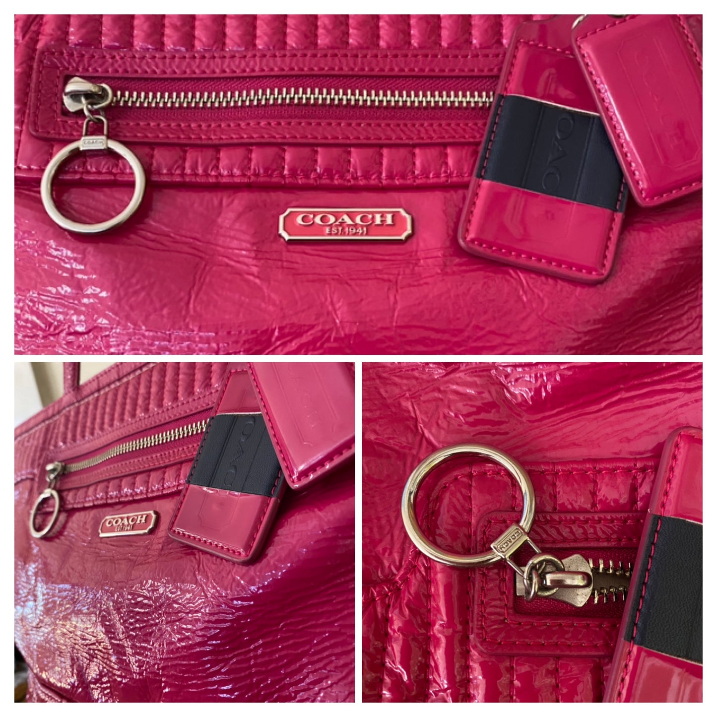 Coach Poppy Daisy Liquid Gloss Patent Leather Shoulder Tote Bag Pink Magenta