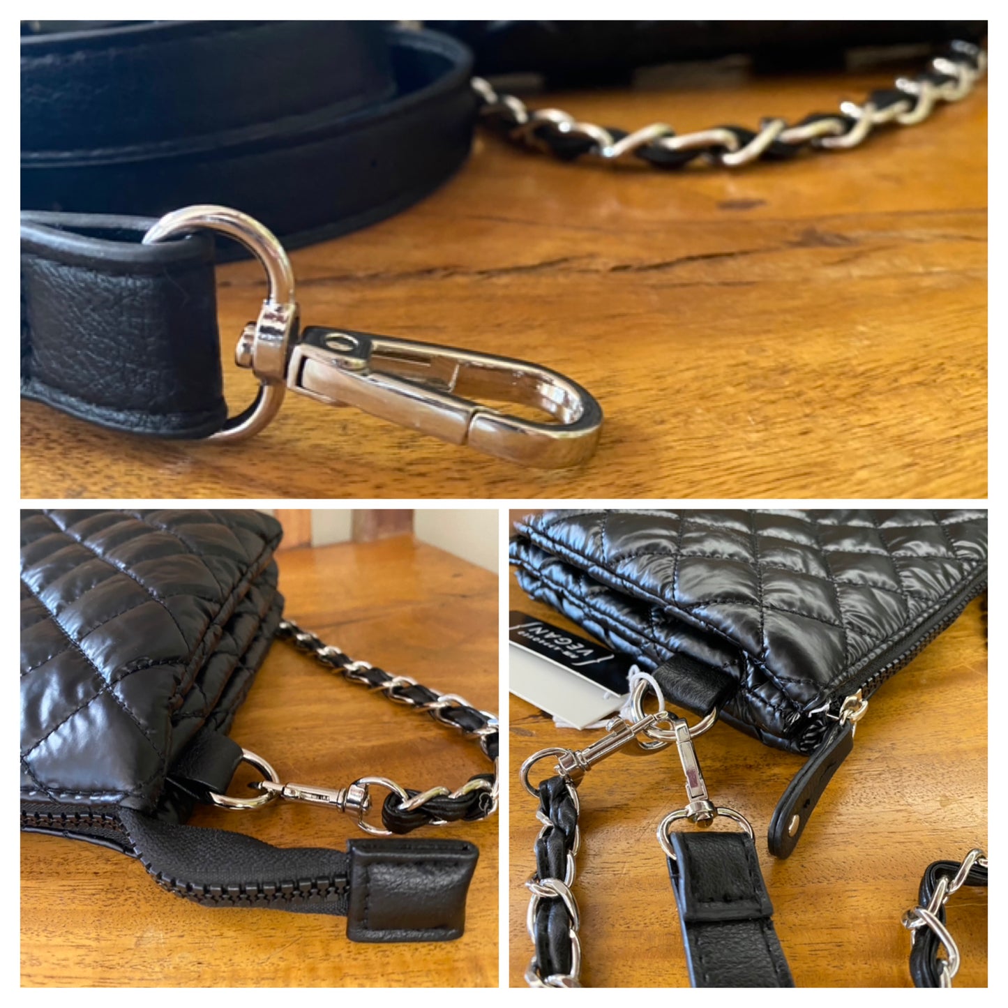 Nylon Quilt Puffer Crossbody Black Bag with Chain