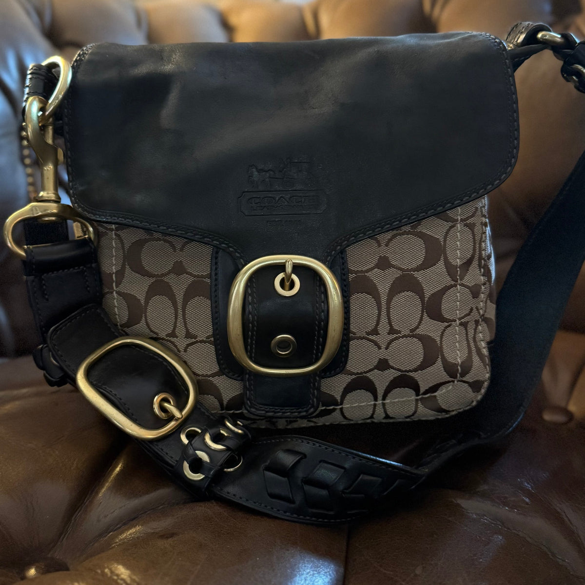 Coach Bleecker Signature Buckle Shoulder Bag Brown Black Leather 11434