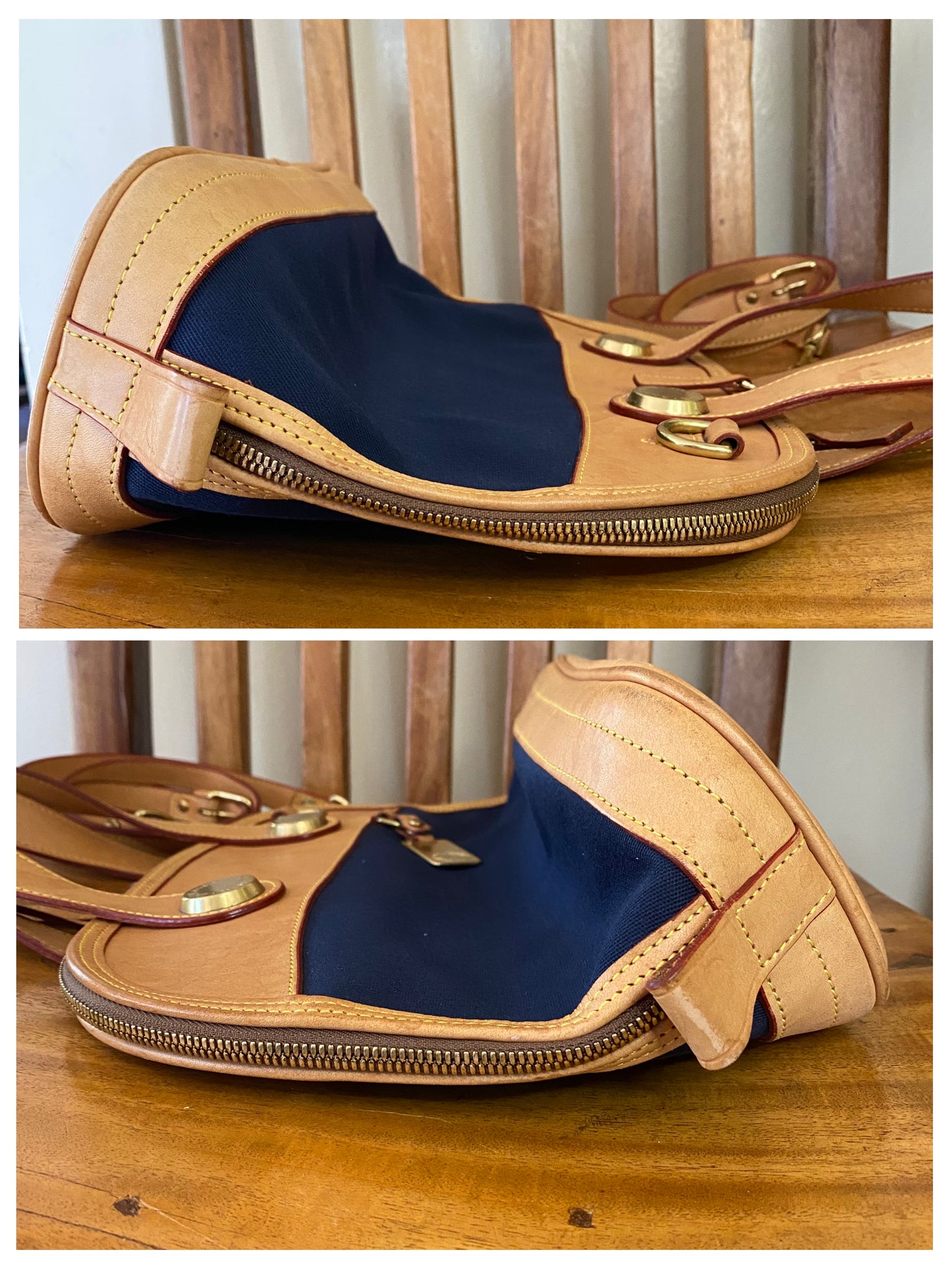 Vintage Dooney & Bourke | Cabriolet Domed Satchel Crossbody Bag | Navy Cloth & Natural Vachetta Leather