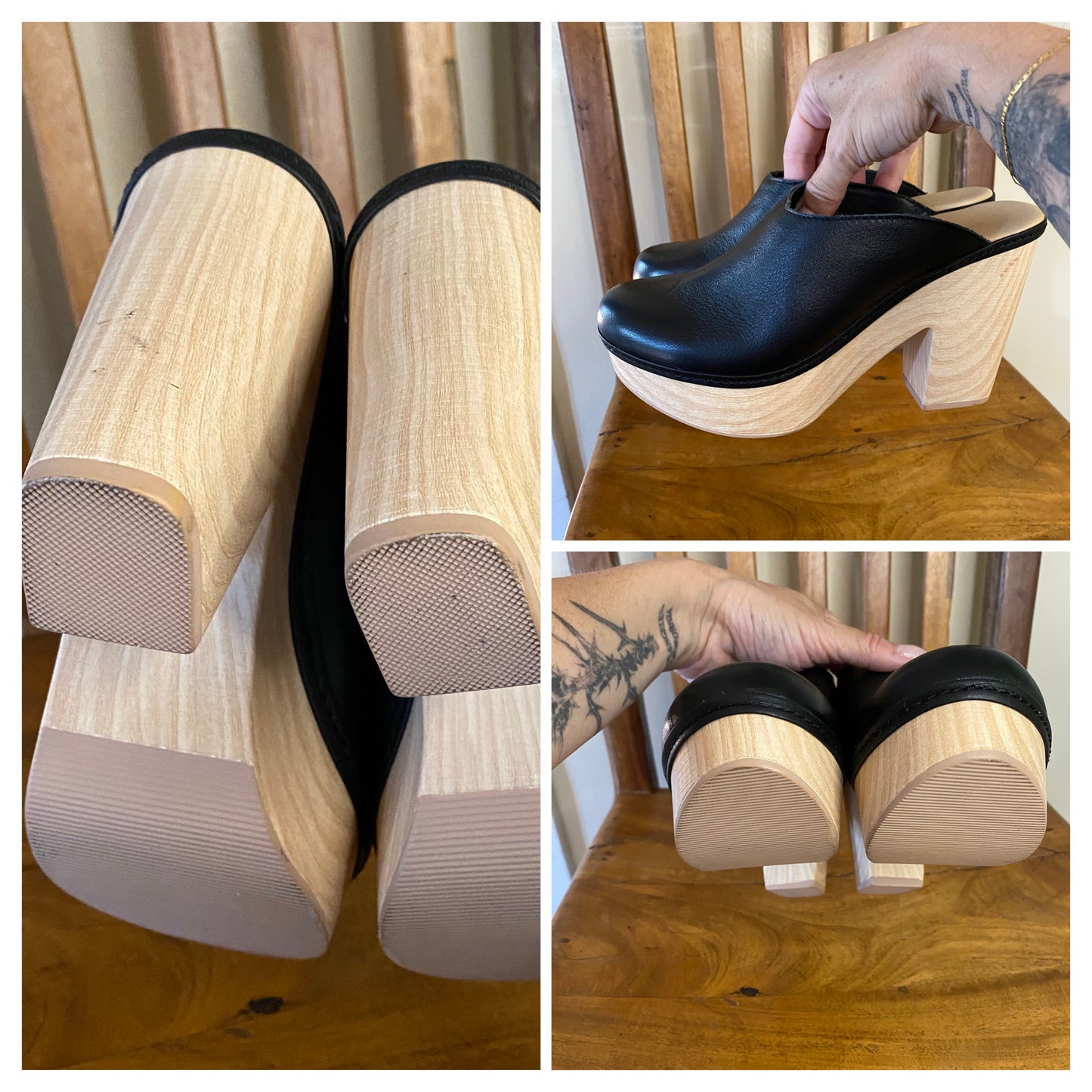 Chinese Laundry Black Leather Platform Clogs with Natural Wood Accents Size 7.5