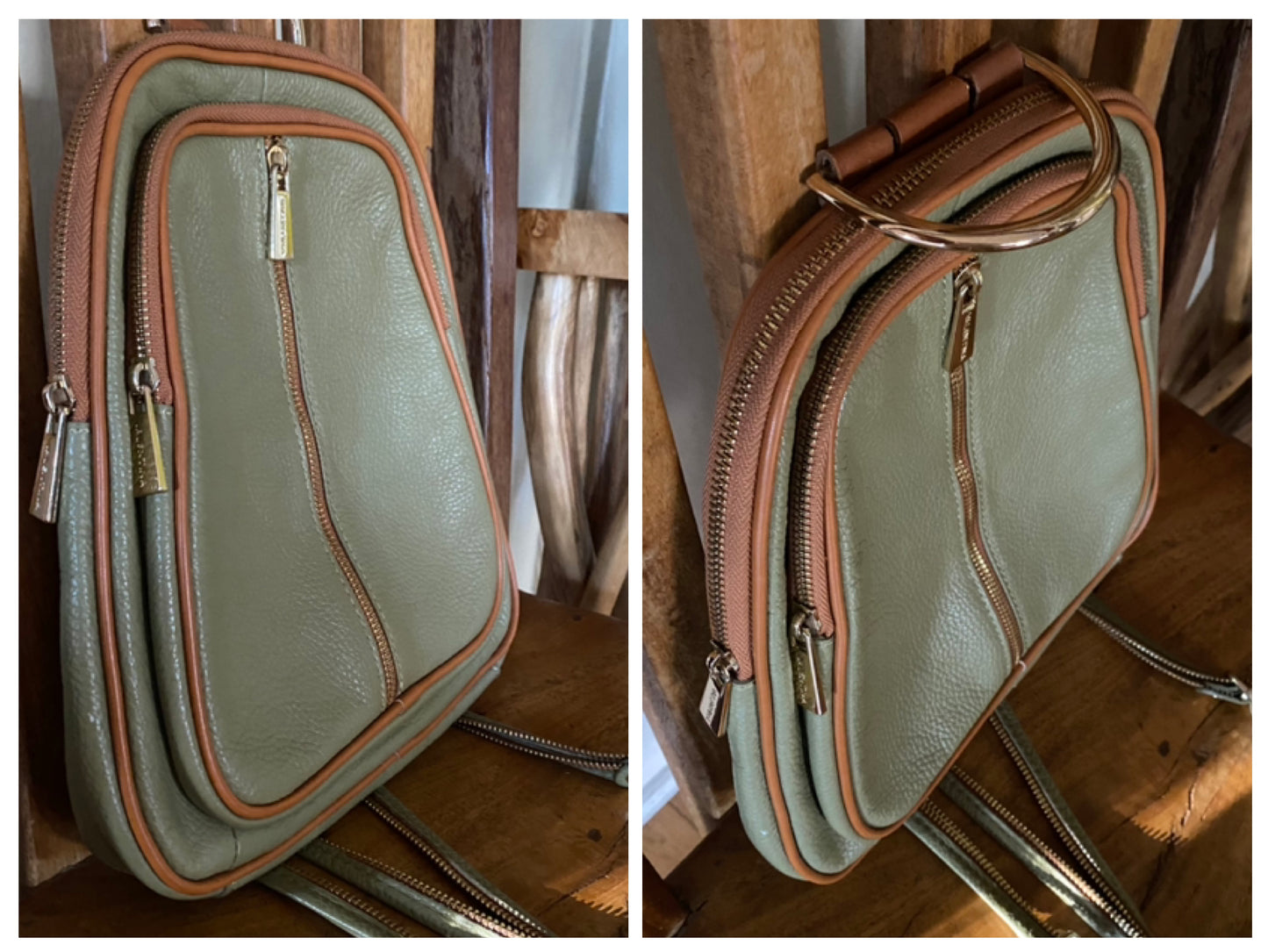 VALENTINA | MULTIFUNCTIONAL BACKPACK SLING SHOULDER BAG | Sage Green Leather