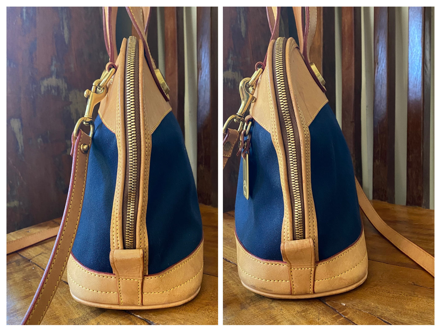 Vintage Dooney & Bourke | Cabriolet Domed Satchel Crossbody Bag | Navy Cloth & Natural Vachetta Leather
