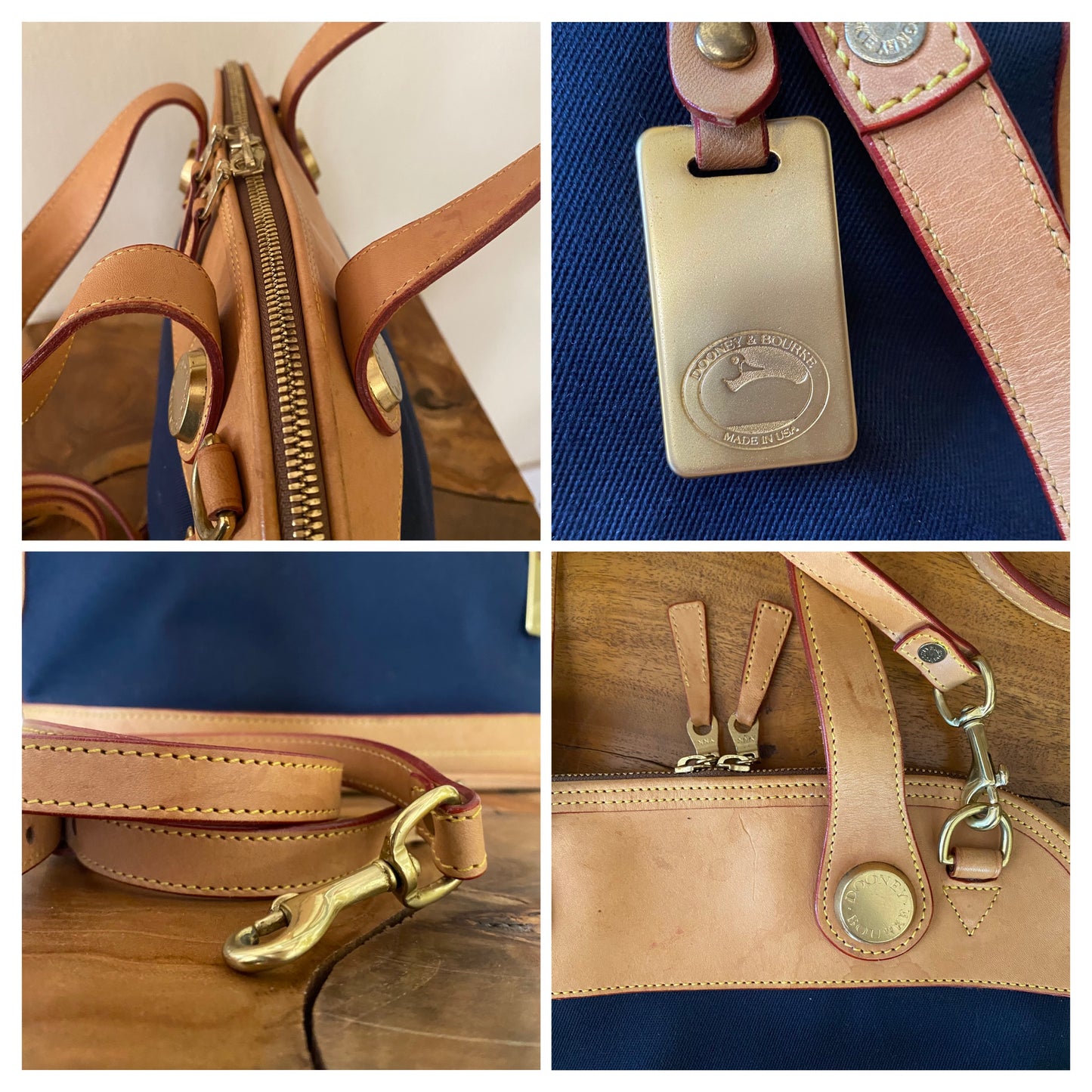 Vintage Dooney & Bourke | Cabriolet Domed Satchel Crossbody Bag | Navy Cloth & Natural Vachetta Leather