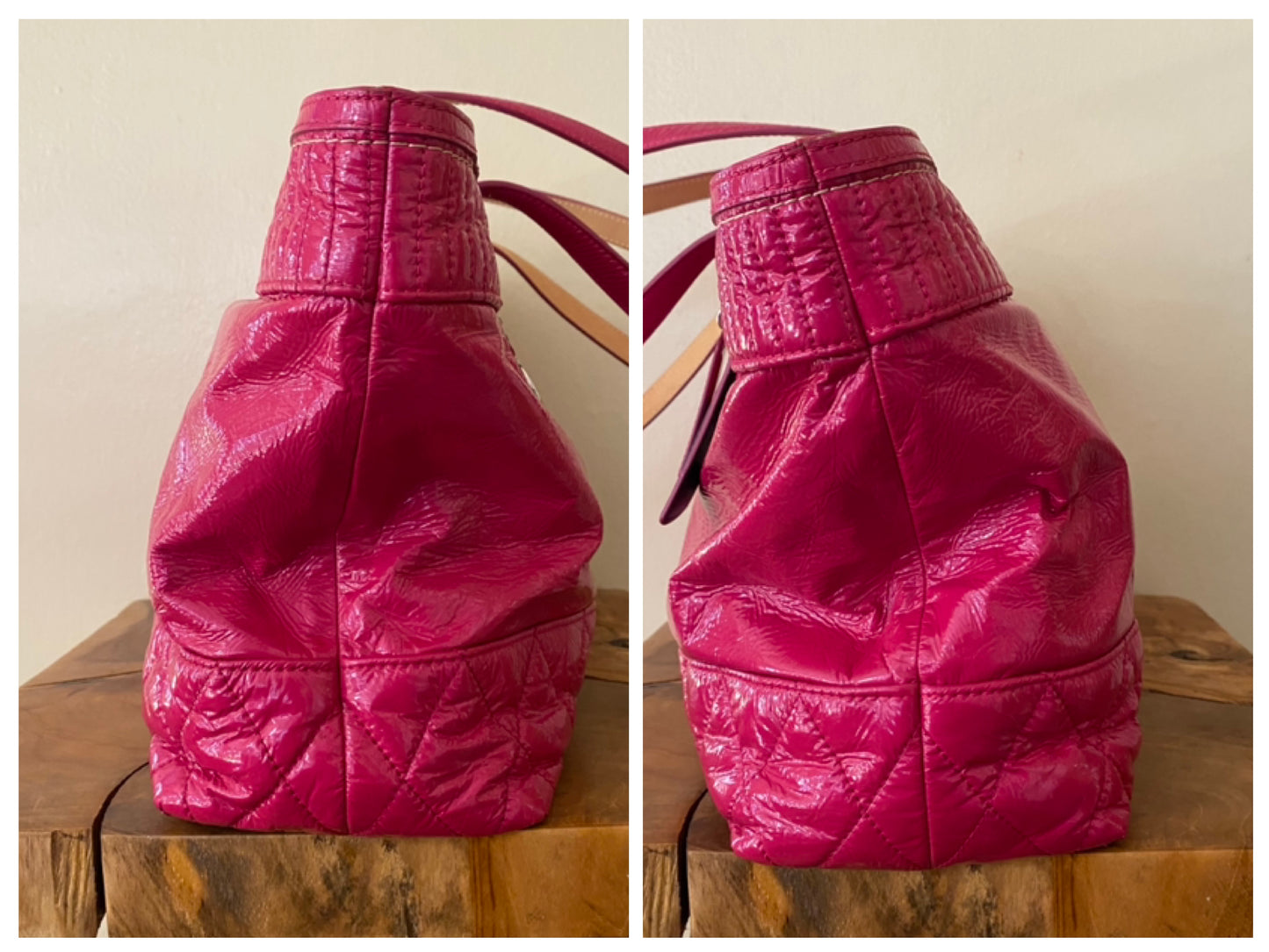Coach Poppy Daisy Liquid Gloss Patent Leather Shoulder Tote Bag Pink Magenta
