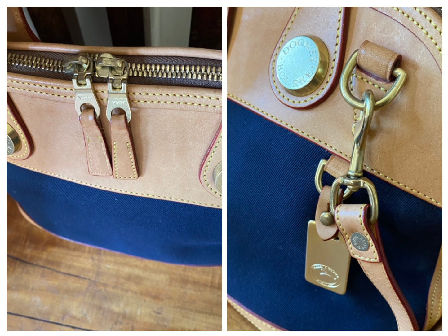 Vintage Dooney & Bourke | Cabriolet Domed Satchel Crossbody Bag | Navy Cloth & Natural Vachetta Leather