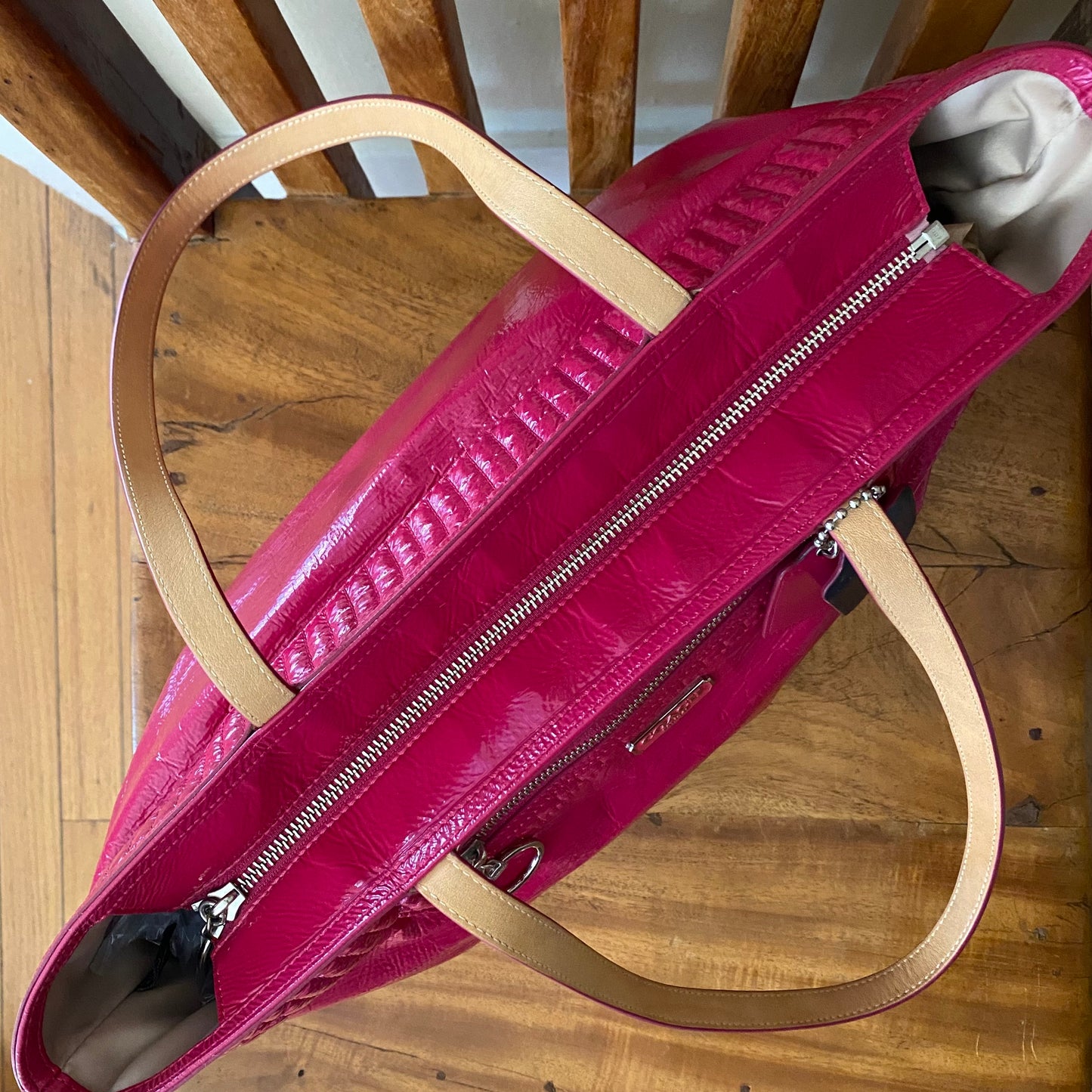 Coach Poppy Daisy Liquid Gloss Patent Leather Shoulder Tote Bag Pink Magenta