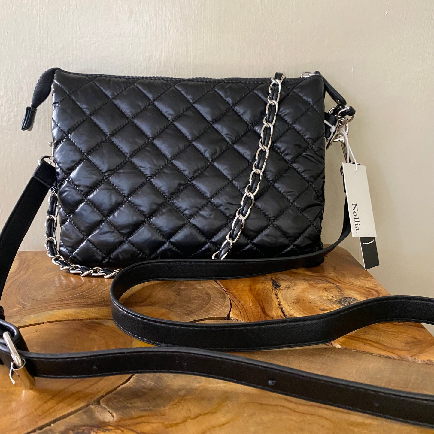 Nylon Quilt Puffer Crossbody Black Bag with Chain