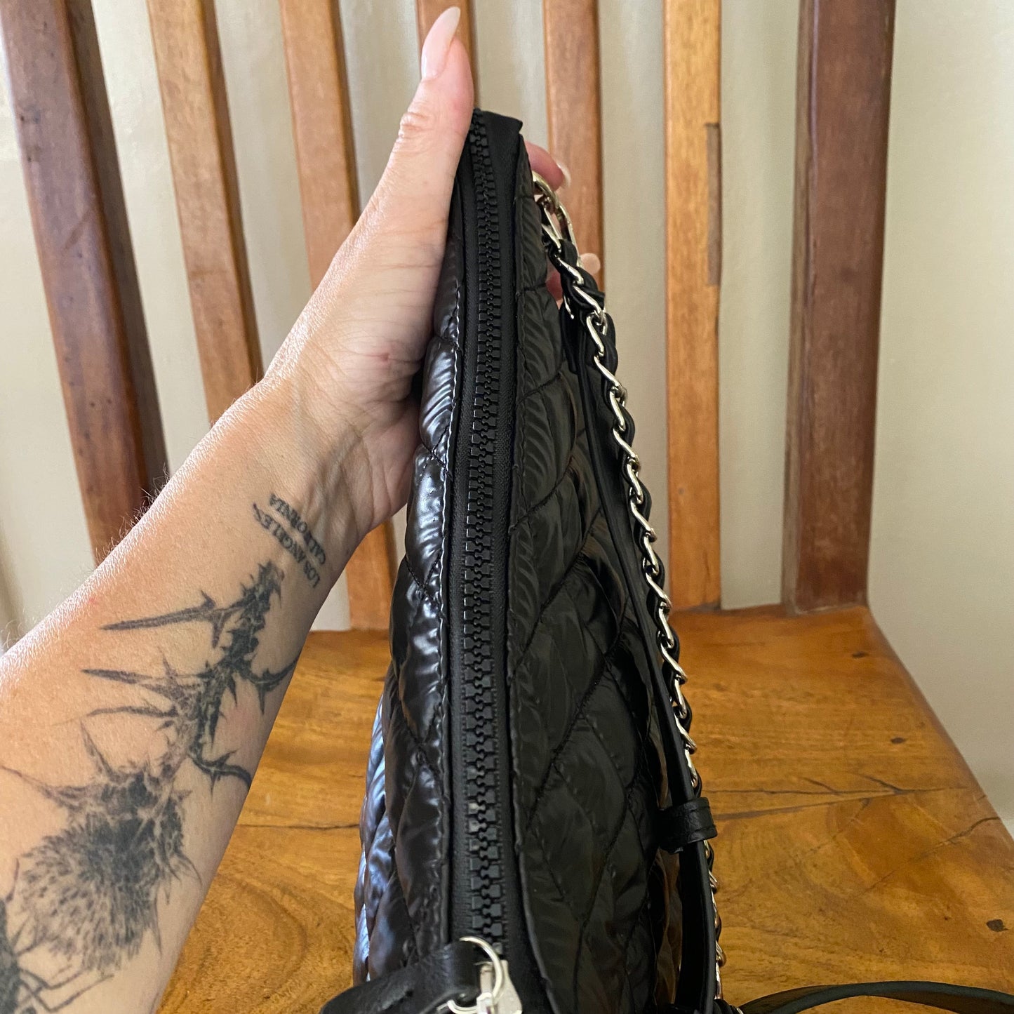 Nylon Quilt Puffer Crossbody Black Bag with Chain
