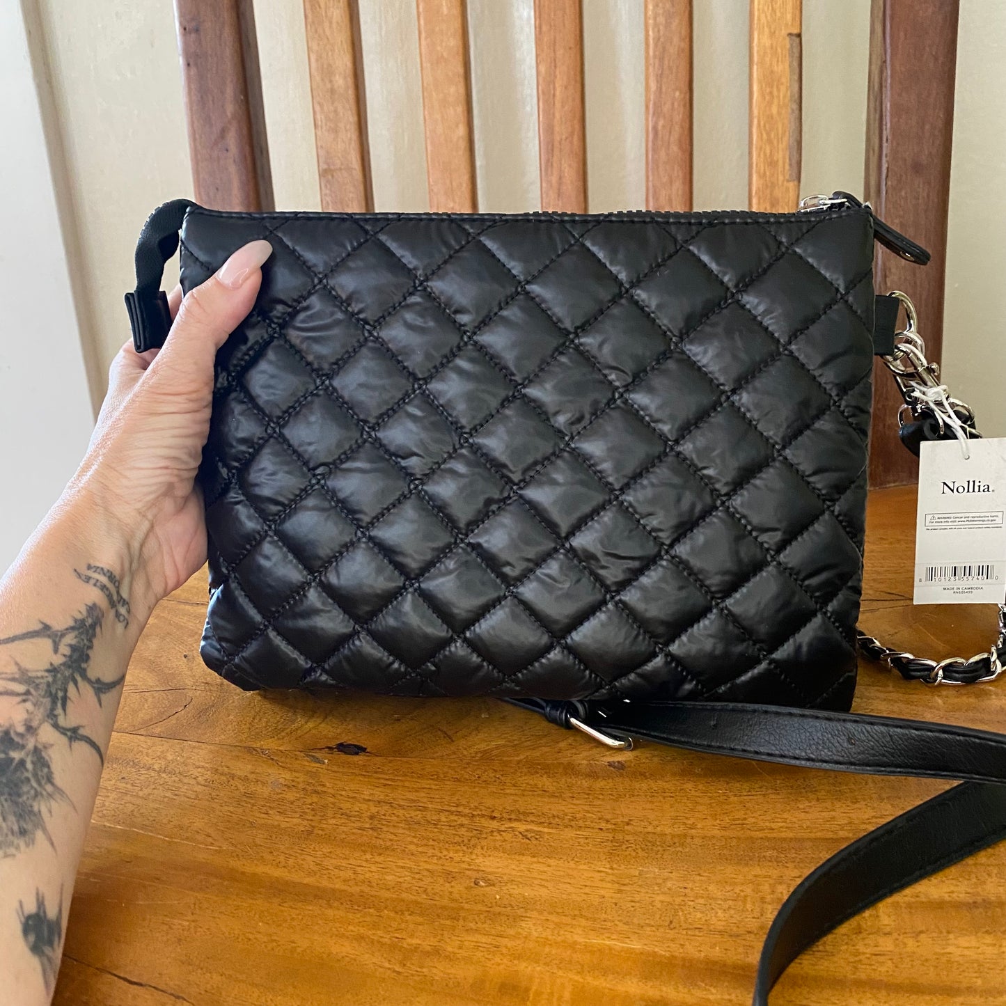 Nylon Quilt Puffer Crossbody Black Bag with Chain