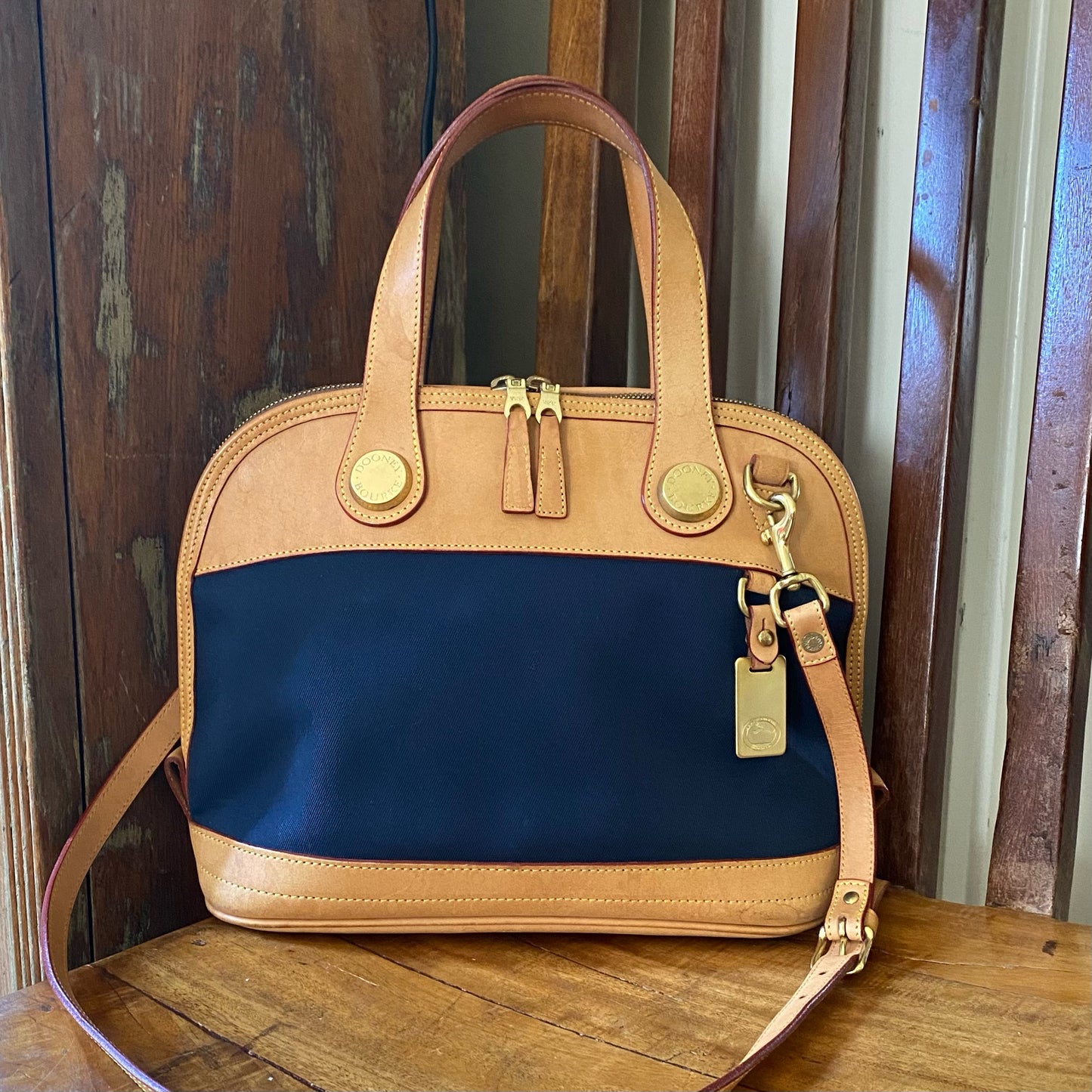 Vintage Dooney & Bourke | Cabriolet Domed Satchel Crossbody Bag | Navy Cloth & Natural Vachetta Leather