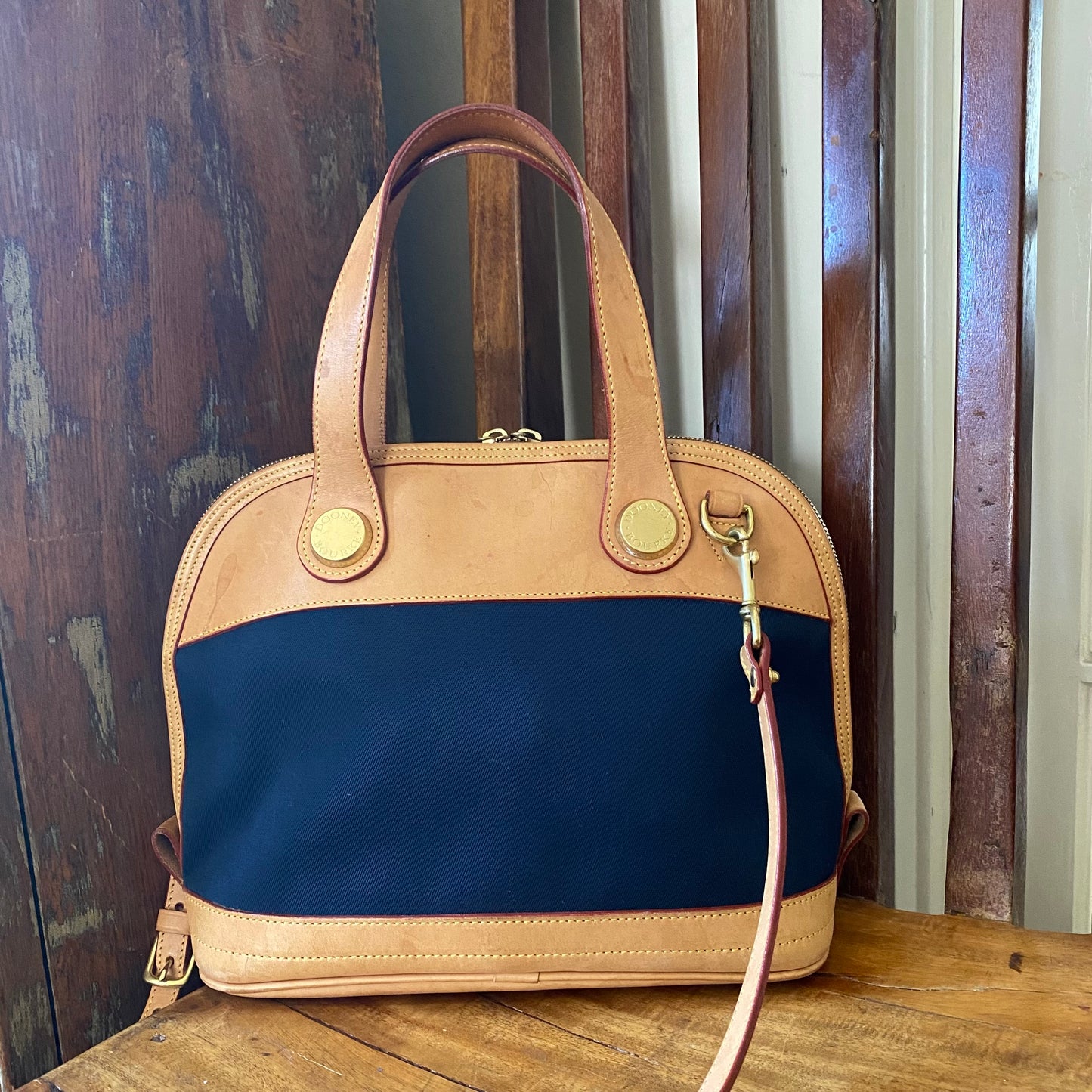 Vintage Dooney & Bourke | Cabriolet Domed Satchel Crossbody Bag | Navy Cloth & Natural Vachetta Leather