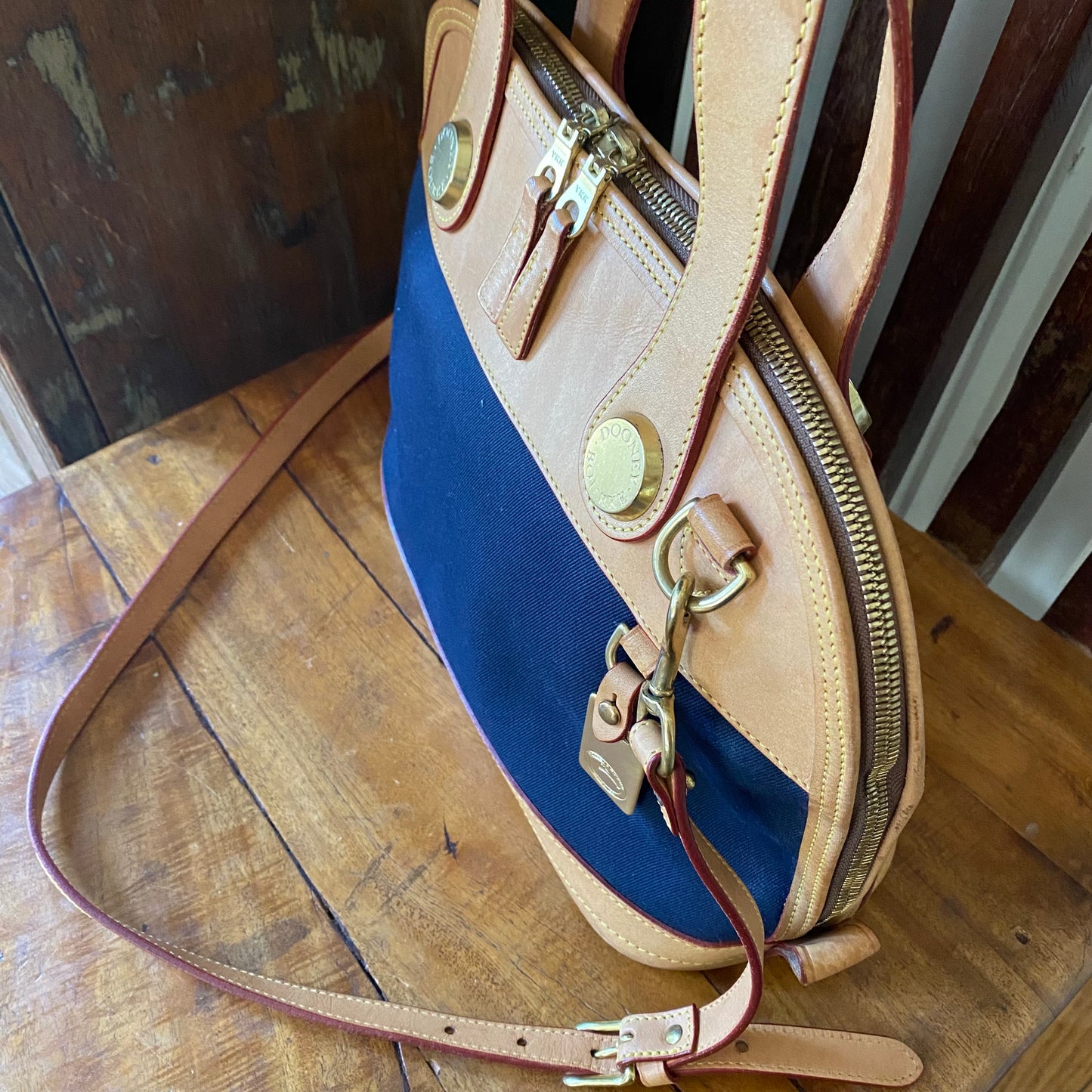 Vintage Dooney & Bourke | Cabriolet Domed Satchel Crossbody Bag | Navy Cloth & Natural Vachetta Leather