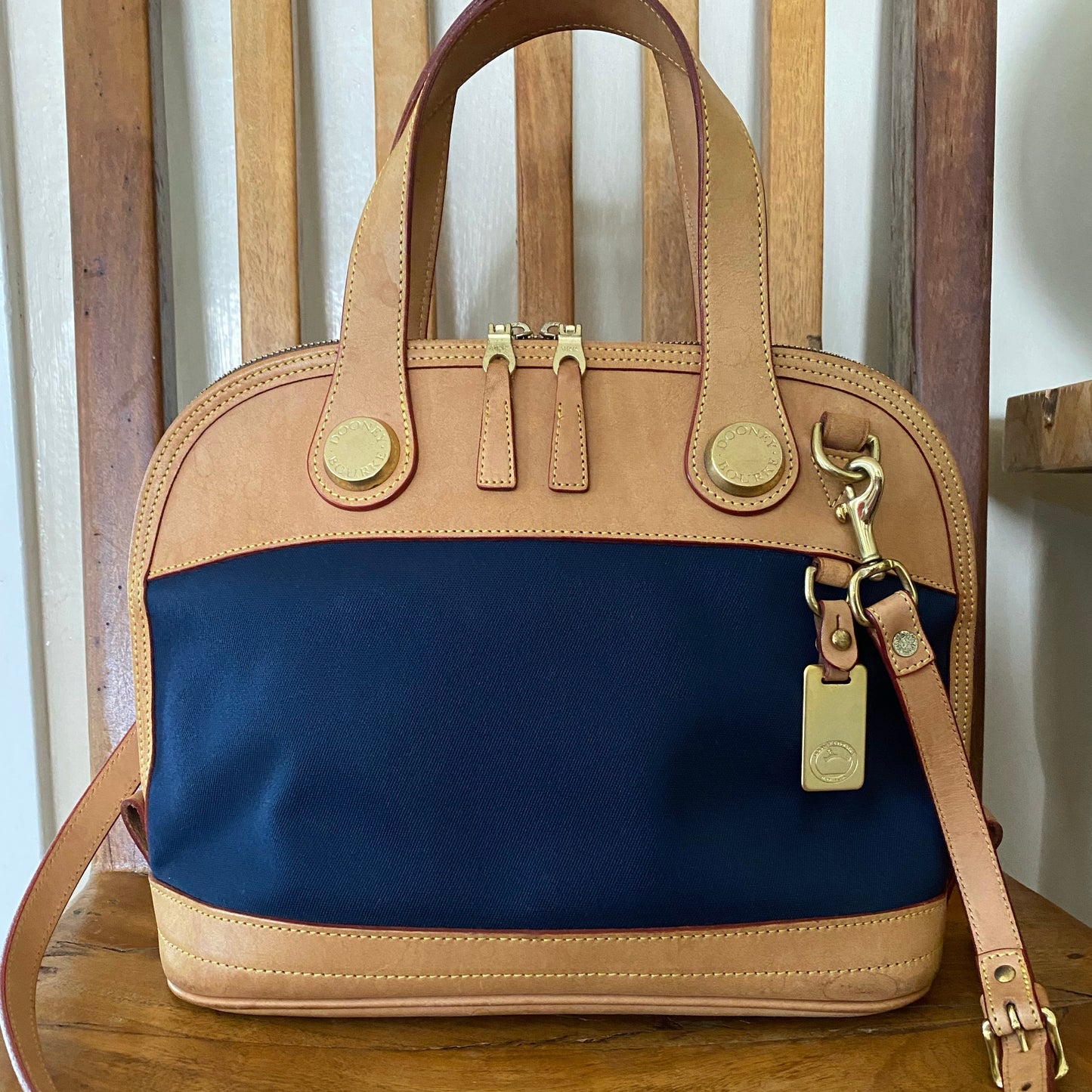 Vintage Dooney & Bourke | Cabriolet Domed Satchel Crossbody Bag | Navy Cloth & Natural Vachetta Leather
