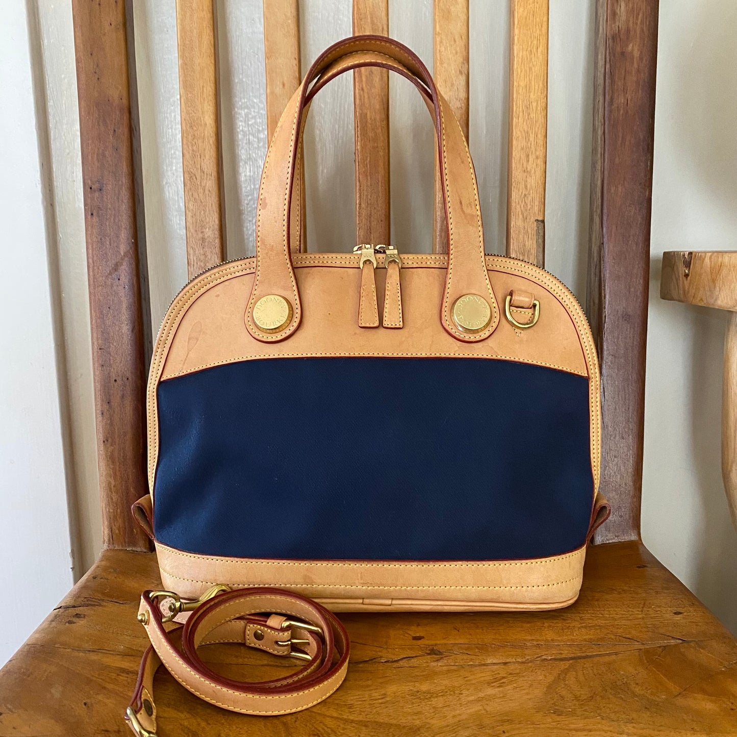 Vintage Dooney & Bourke | Cabriolet Domed Satchel Crossbody Bag | Navy Cloth & Natural Vachetta Leather