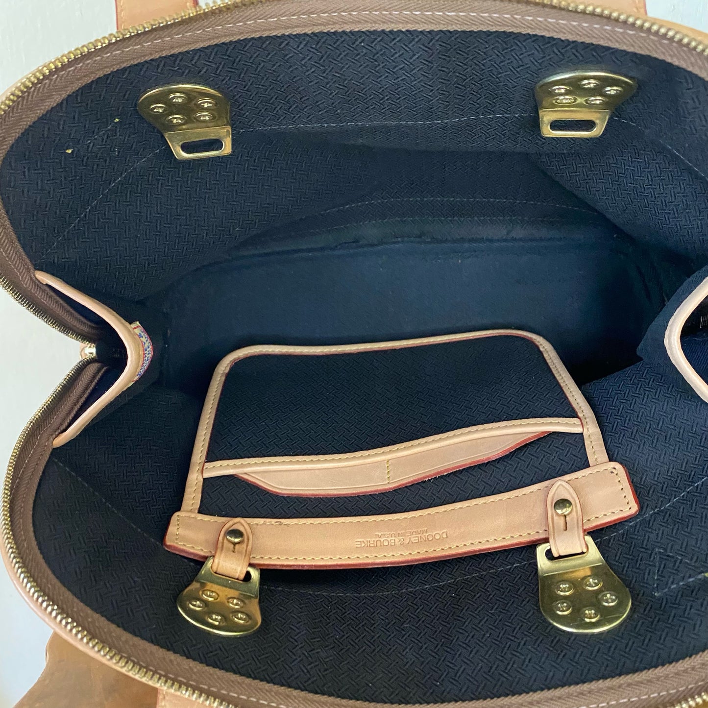Vintage Dooney & Bourke | Cabriolet Domed Satchel Crossbody Bag | Navy Cloth & Natural Vachetta Leather