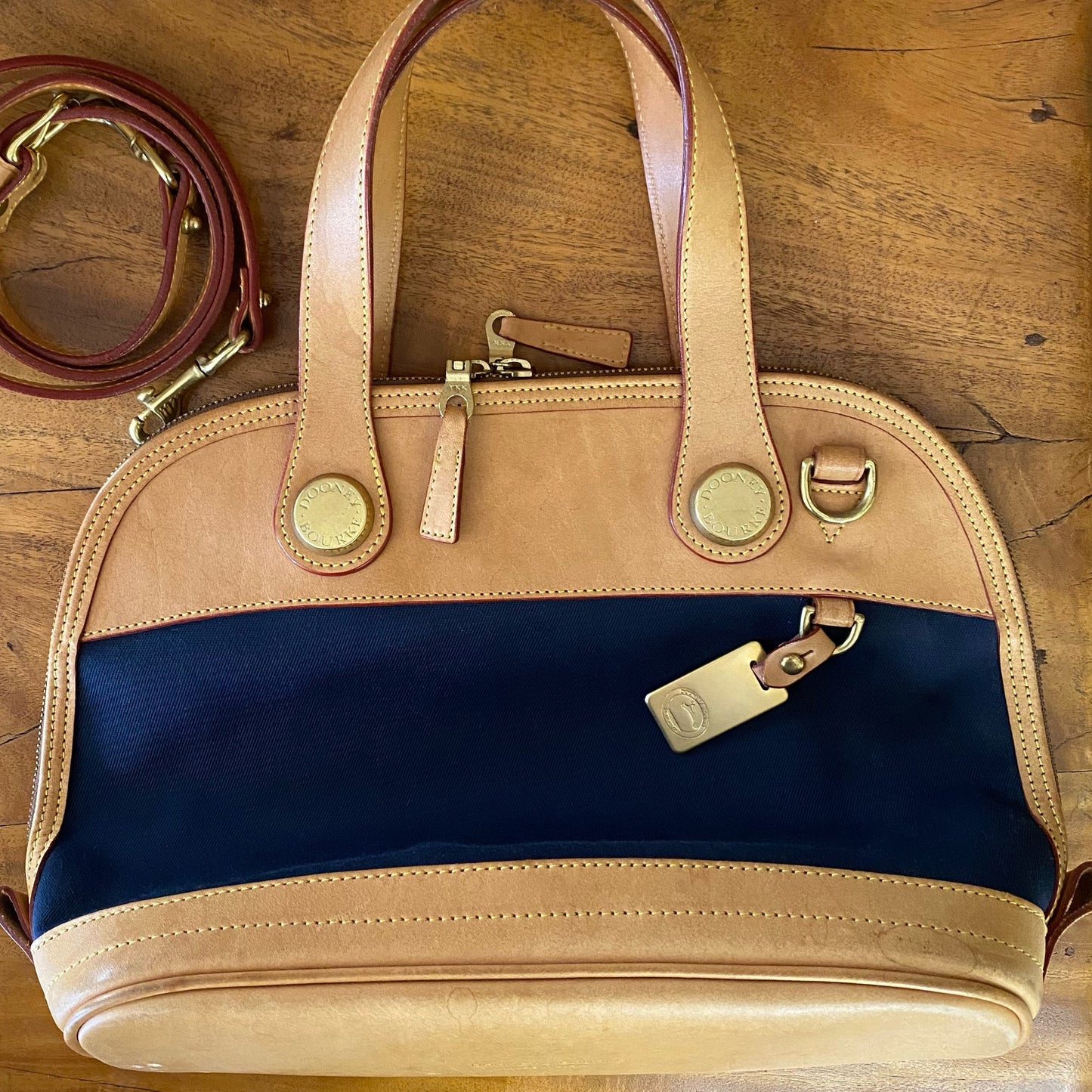 Vintage Dooney & Bourke | Cabriolet Domed Satchel Crossbody Bag | Navy Cloth & Natural Vachetta Leather