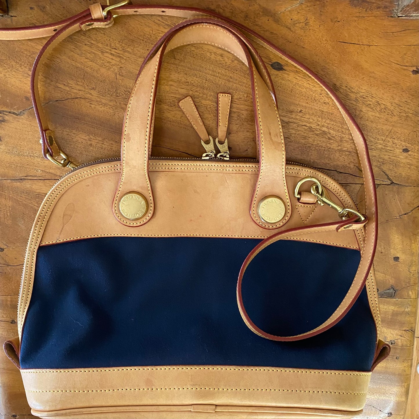 Vintage Dooney & Bourke | Cabriolet Domed Satchel Crossbody Bag | Navy Cloth & Natural Vachetta Leather