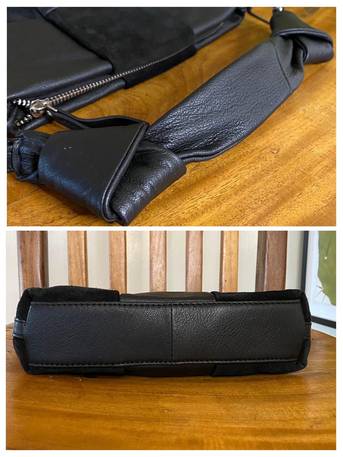 ASOS DESIGN Leather and Suede Weave Handbag Black with Knotted Top Handle