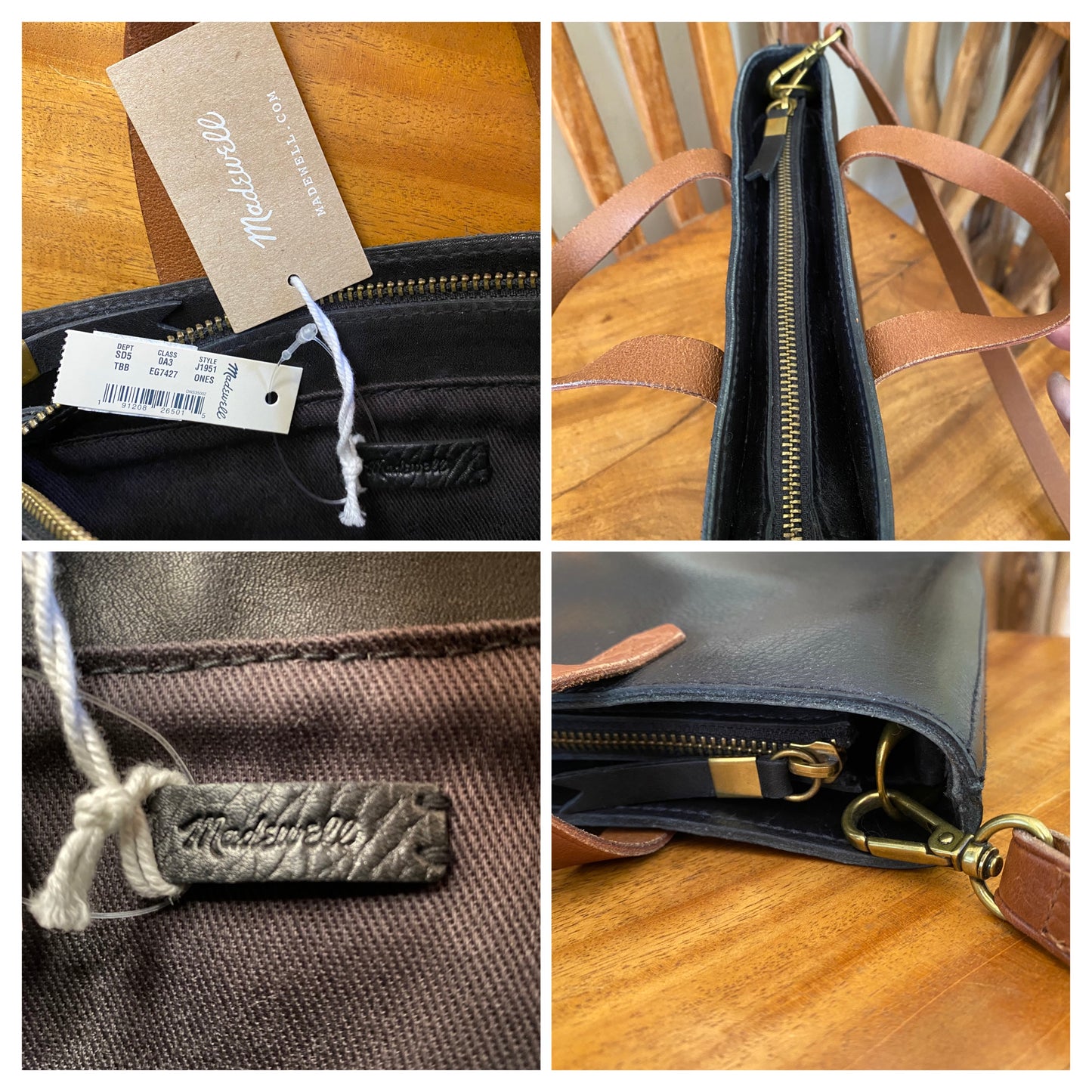 Madewell Zip-Top Transport Crossbody Tote Black Leather with Brown Trim