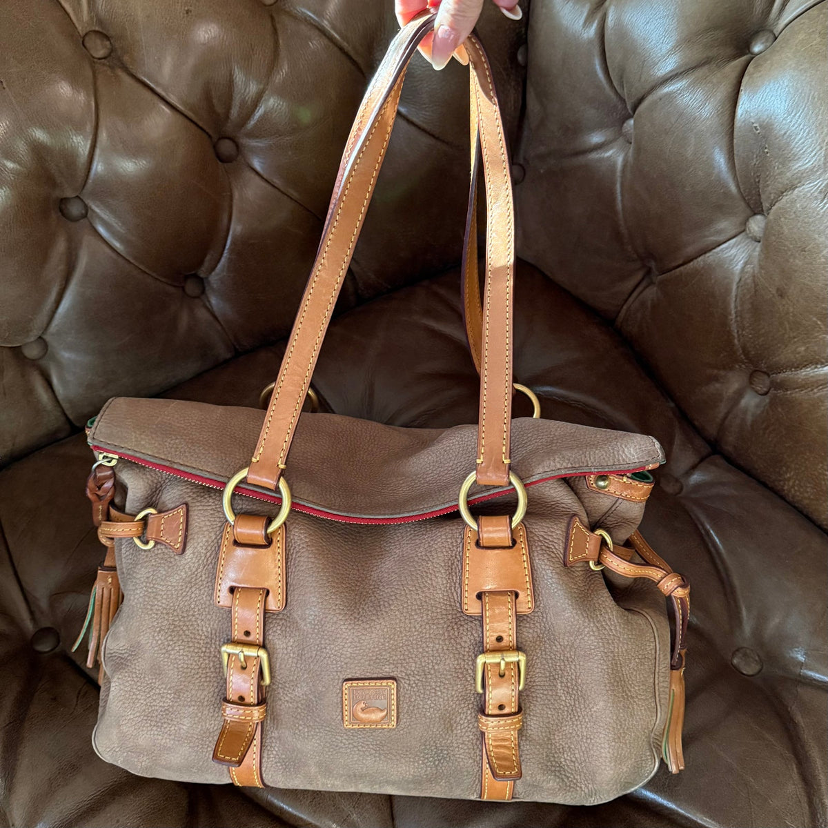 Dooney & Bourke Florentine Nubuck Double Strap Tassel Satchel Taupe