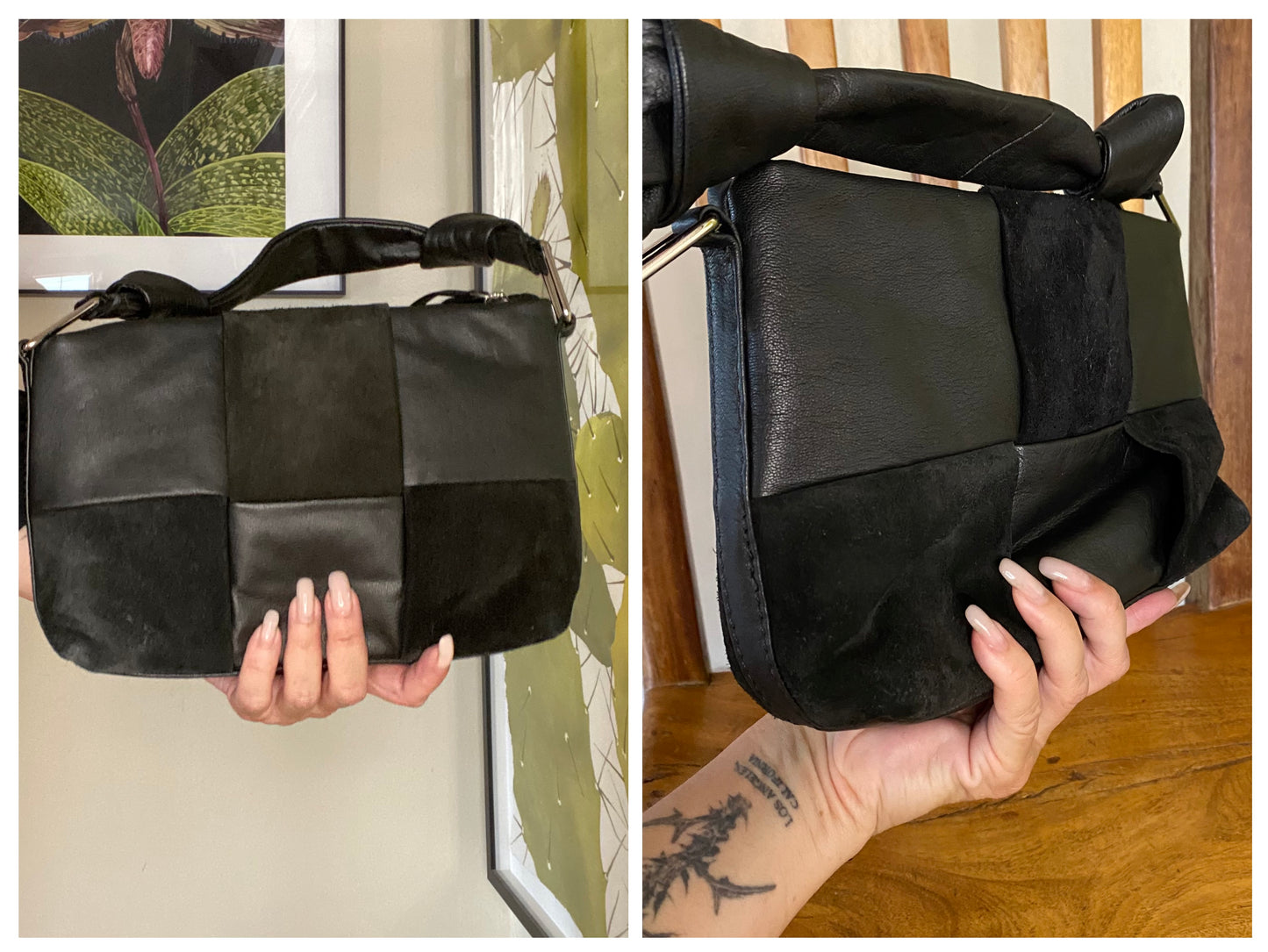 ASOS DESIGN Leather and Suede Weave Handbag Black with Knotted Top Handle
