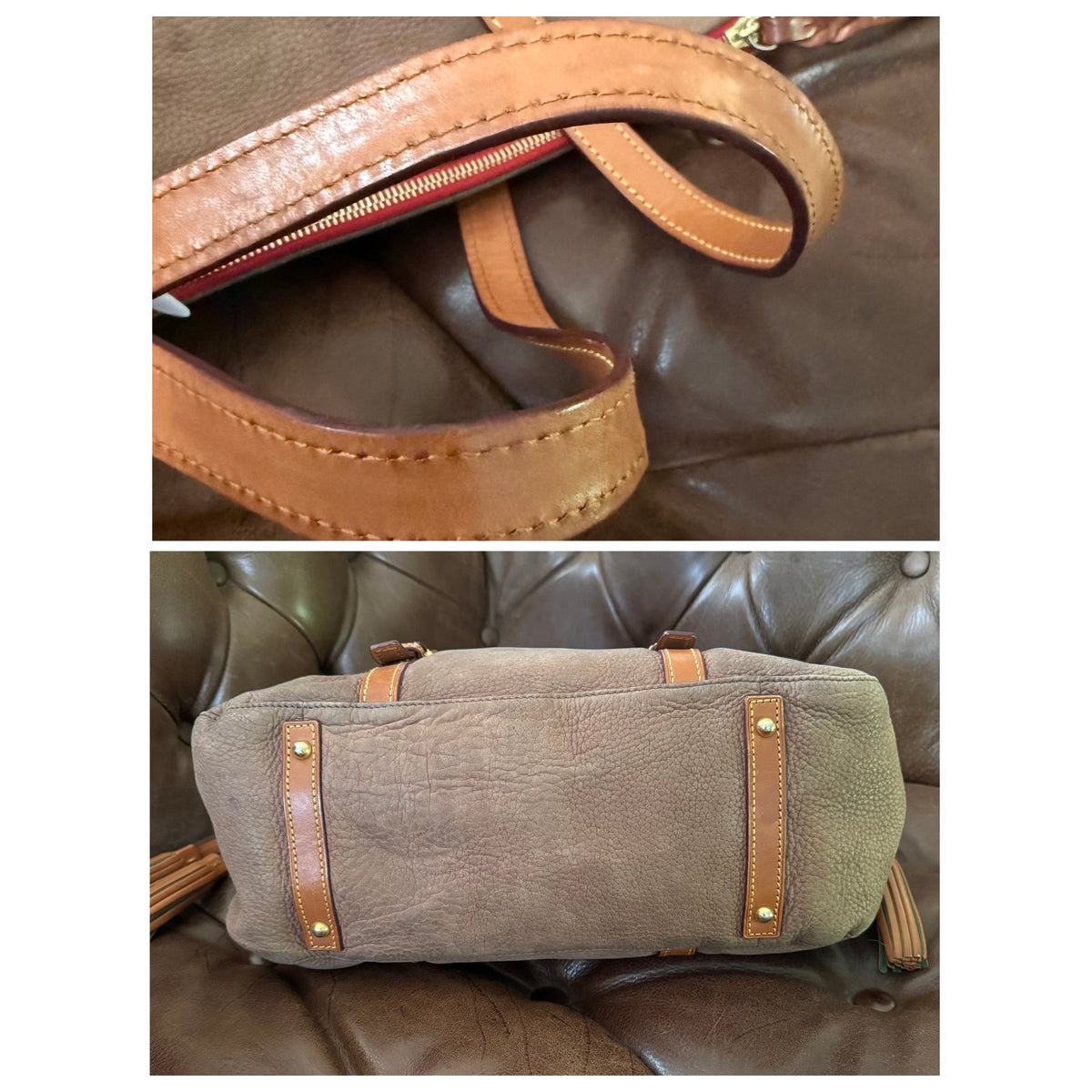 Dooney & Bourke Florentine Nubuck Double Strap Tassel Satchel Taupe