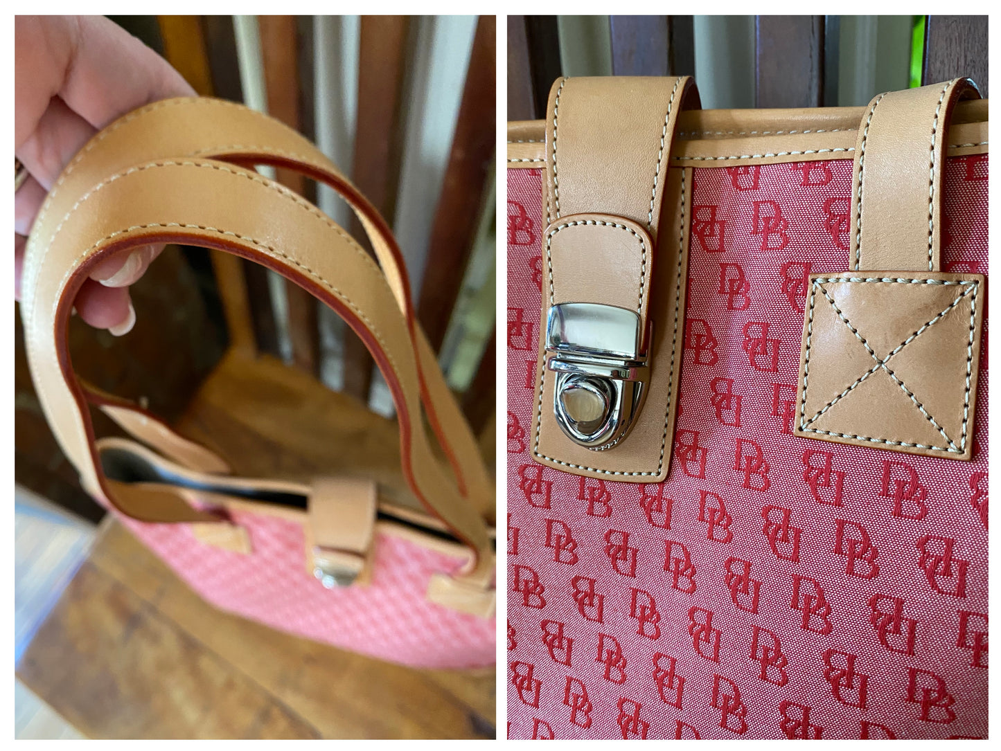 Dooney & Bourke Red Signature Jaquard Canvas Medium Tote with Tan Leather Trim