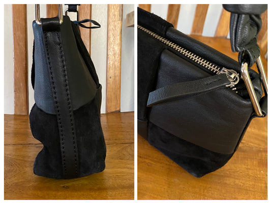 ASOS DESIGN Leather and Suede Weave Handbag Black with Knotted Top Handle