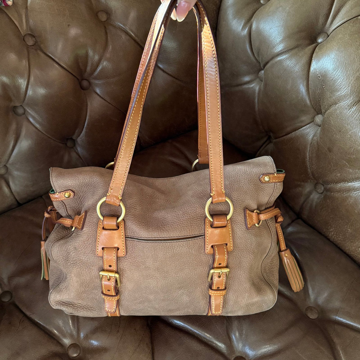 Dooney & Bourke Florentine Nubuck Double Strap Tassel Satchel Taupe