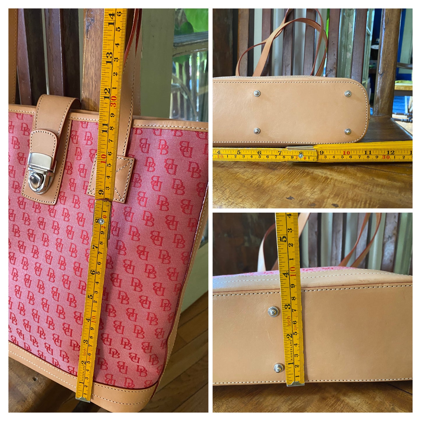 Dooney & Bourke Red Signature Jaquard Canvas Medium Tote with Tan Leather Trim
