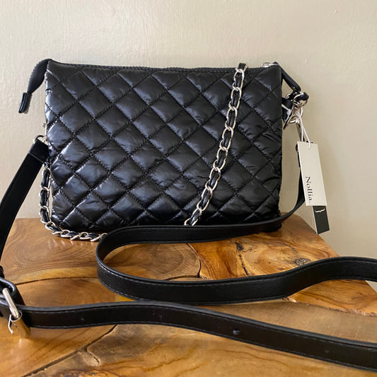 Nylon Quilt Puffer Crossbody Black Bag with Chain