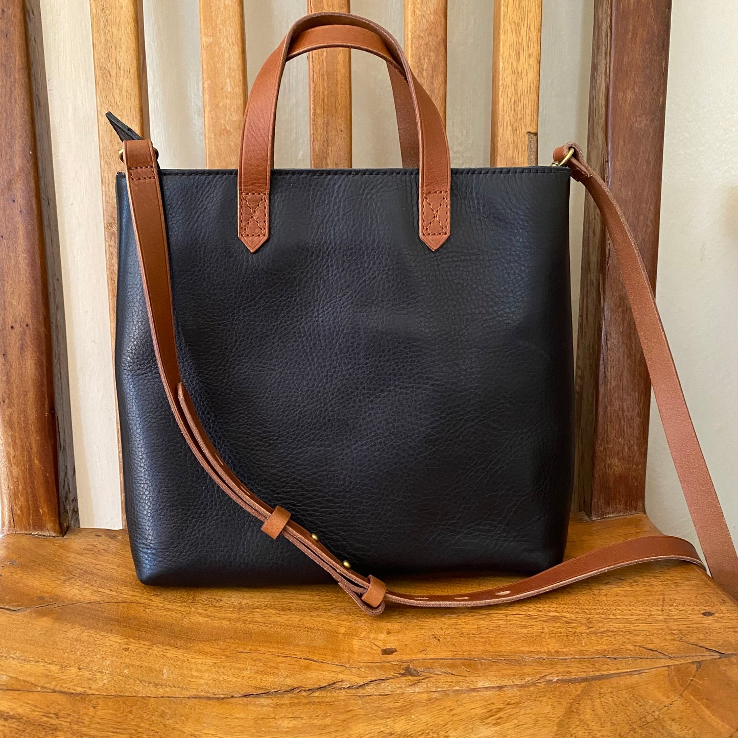 Madewell Zip-Top Transport Crossbody Tote Black Leather with Brown Trim