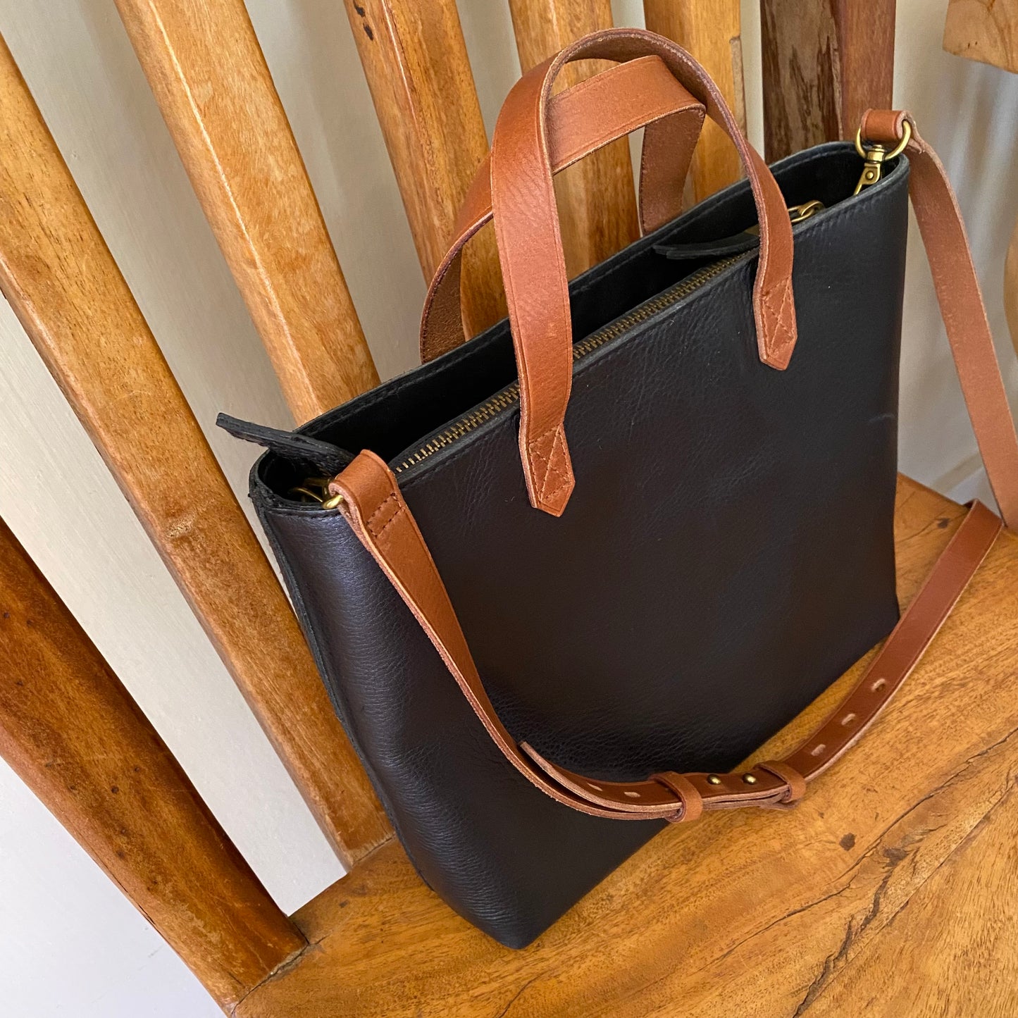 Madewell Zip-Top Transport Crossbody Tote Black Leather with Brown Trim
