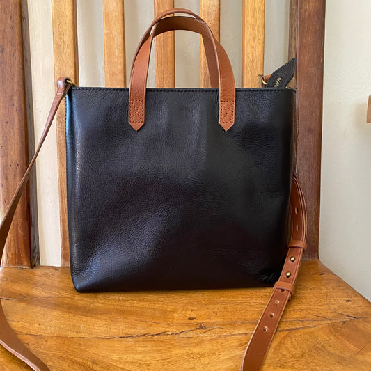 Madewell Zip-Top Transport Crossbody Tote Black Leather with Brown Trim