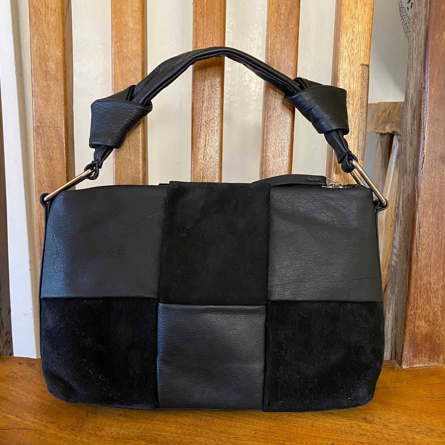 ASOS DESIGN Leather and Suede Weave Handbag Black with Knotted Top Handle