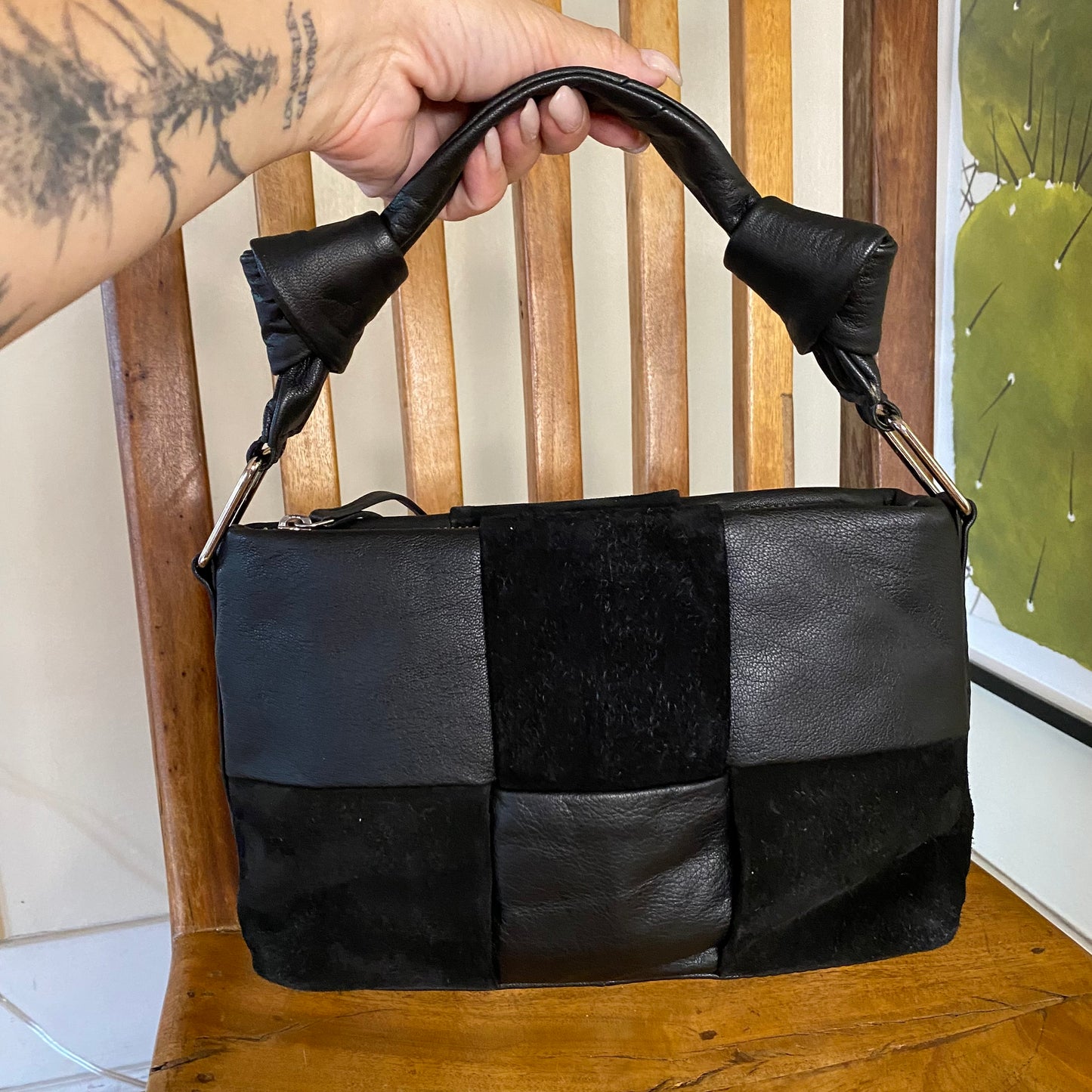 ASOS DESIGN Leather and Suede Weave Handbag Black with Knotted Top Handle
