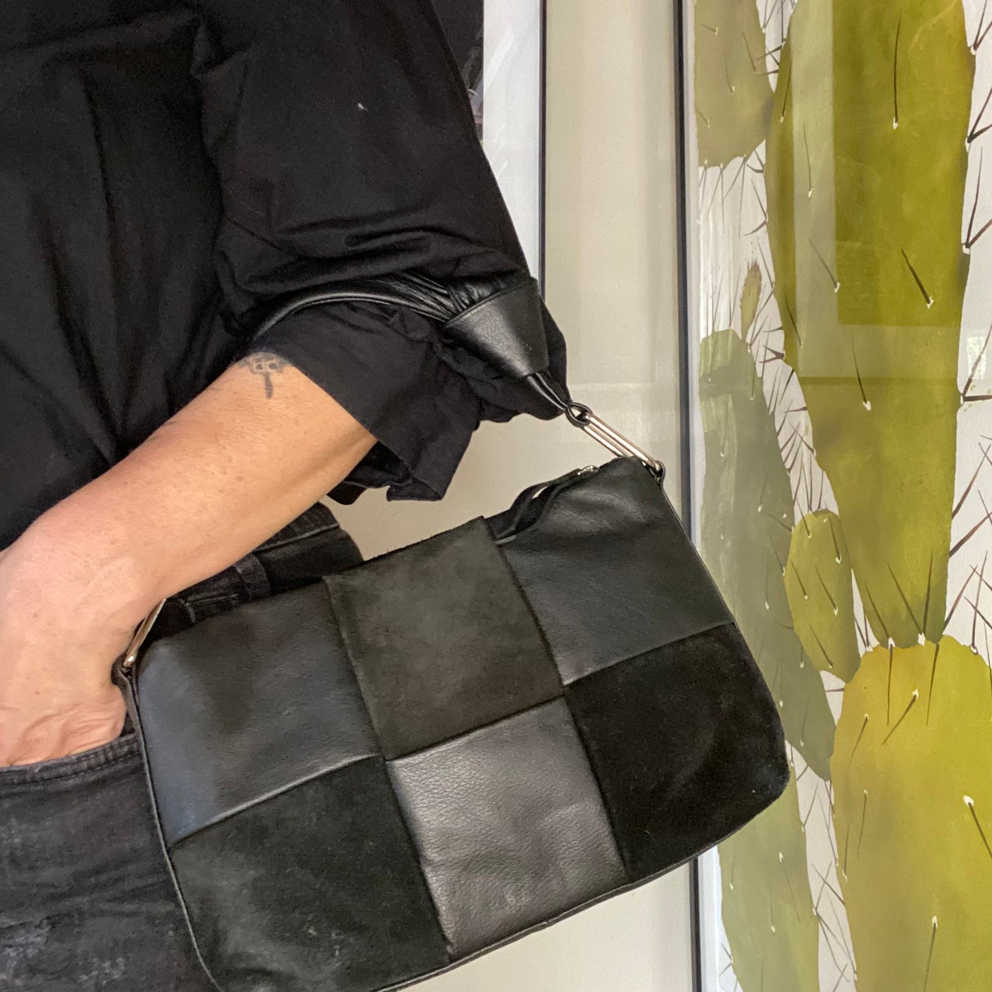 ASOS DESIGN Leather and Suede Weave Handbag Black with Knotted Top Handle