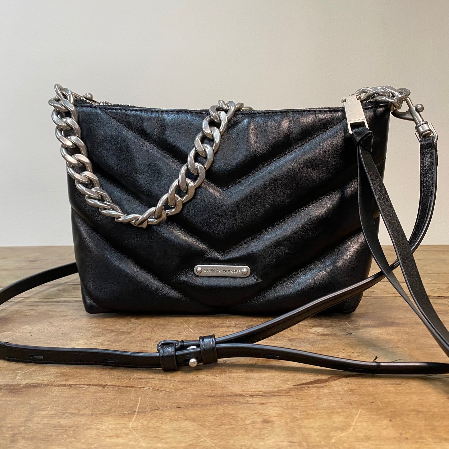 Rebecca Minkoff Edie Chain Chevron Black Leather Shoulder Crossbody Bag