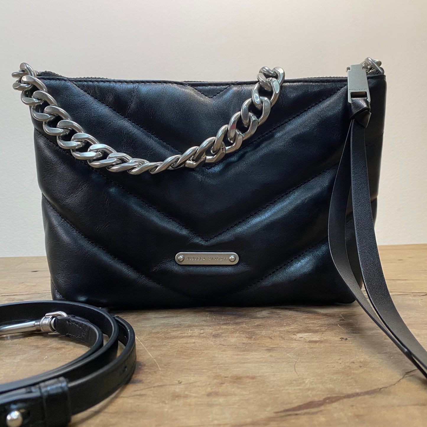 Rebecca Minkoff Edie Chain Chevron Black Leather Shoulder Crossbody Bag