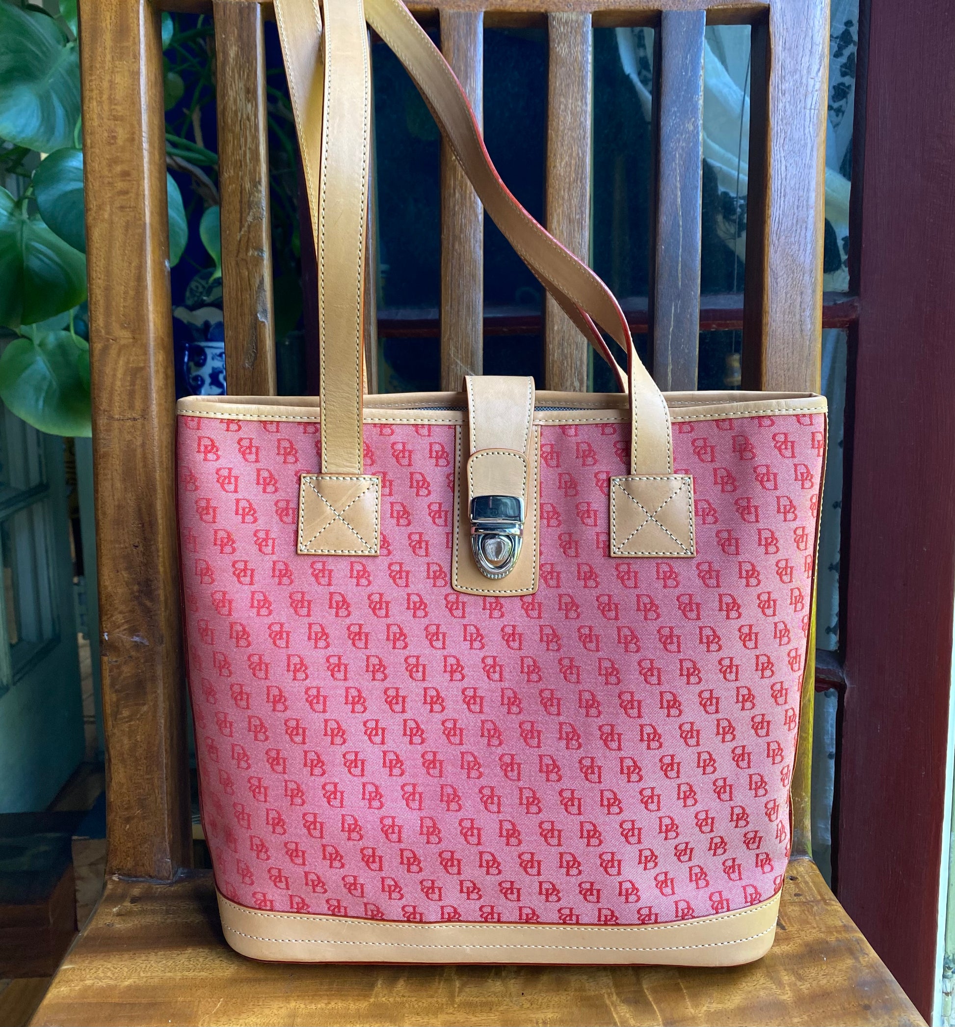 Dooney Bourke Red Signature Jaquard Canvas Medium Tote with Tan Leather Trim