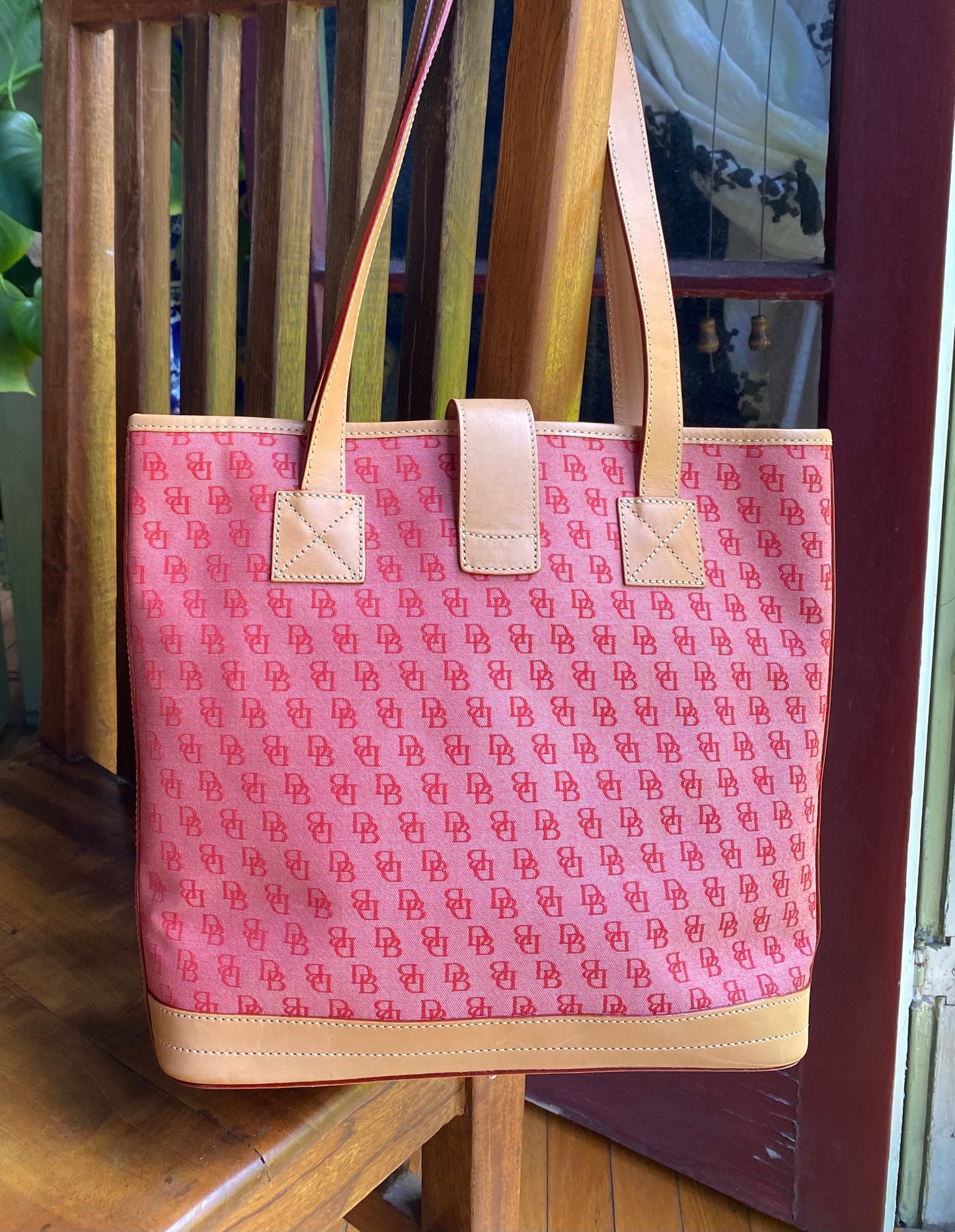 Dooney & Bourke Red Signature Jaquard Canvas Medium Tote with Tan Leather Trim
