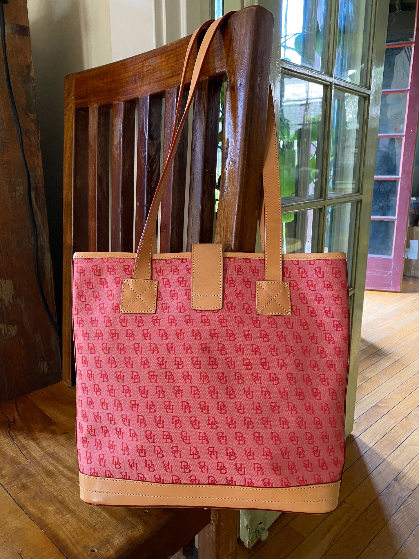 Dooney & Bourke Red Signature Jaquard Canvas Medium Tote with Tan Leather Trim