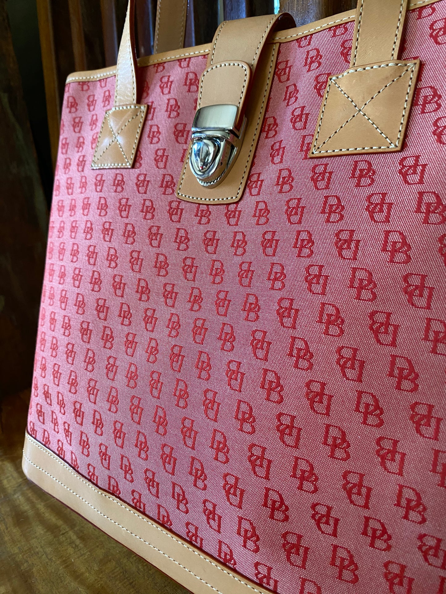 Dooney & Bourke Red Signature Jaquard Canvas Medium Tote with Tan Leather Trim