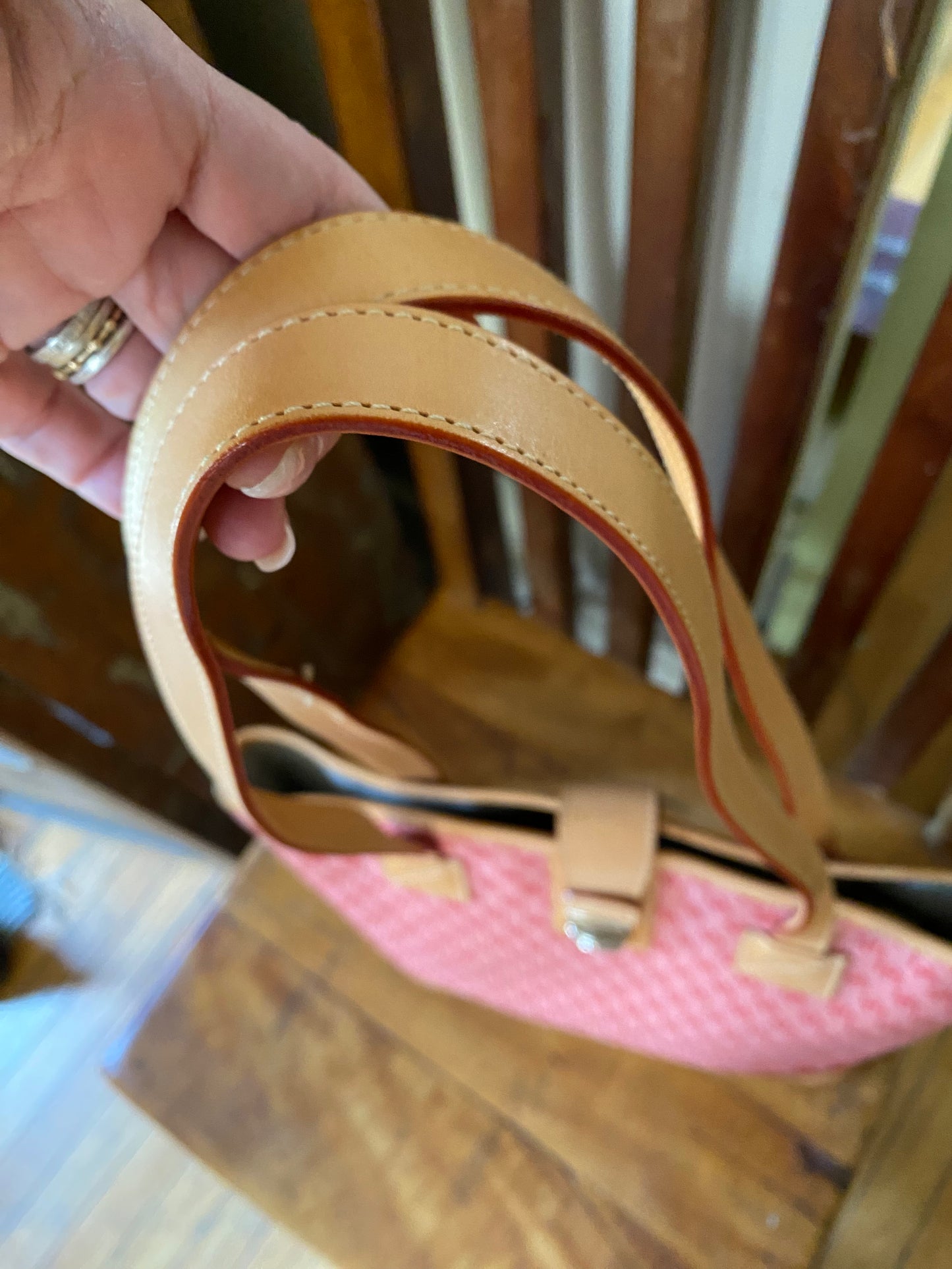 Dooney & Bourke Red Signature Jaquard Canvas Medium Tote with Tan Leather Trim