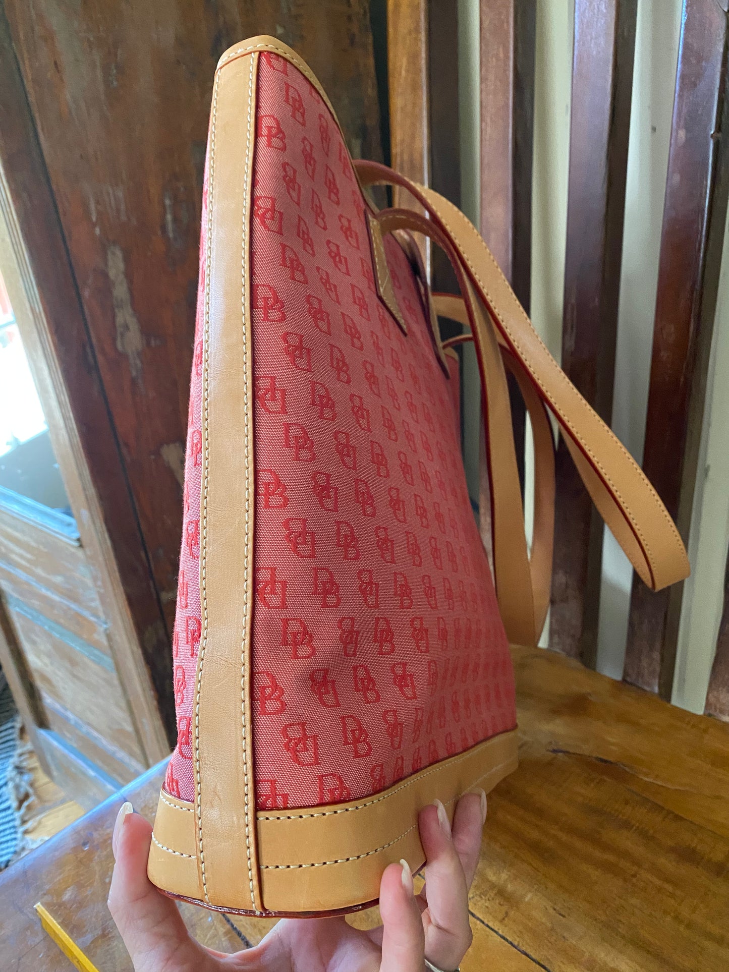 Dooney & Bourke Red Signature Jaquard Canvas Medium Tote with Tan Leather Trim